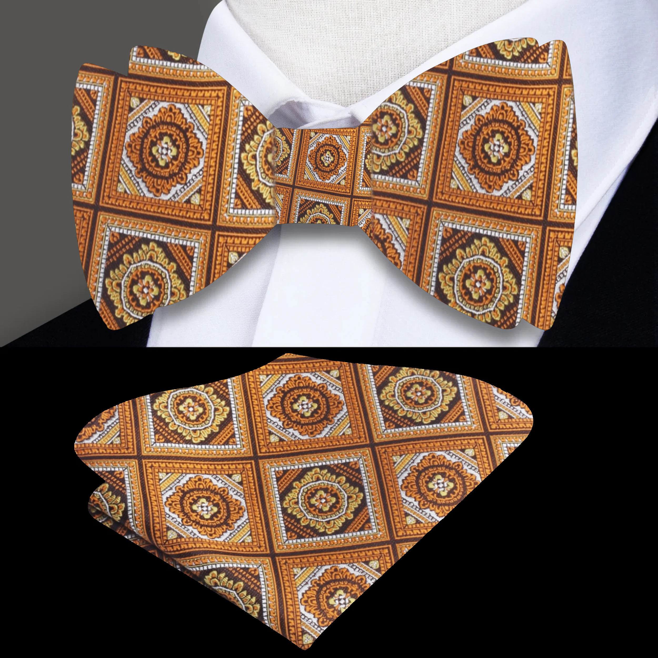 Model wearing the stylish geometric bow tie paired with a white dress shirt, ideal for wedding attire.