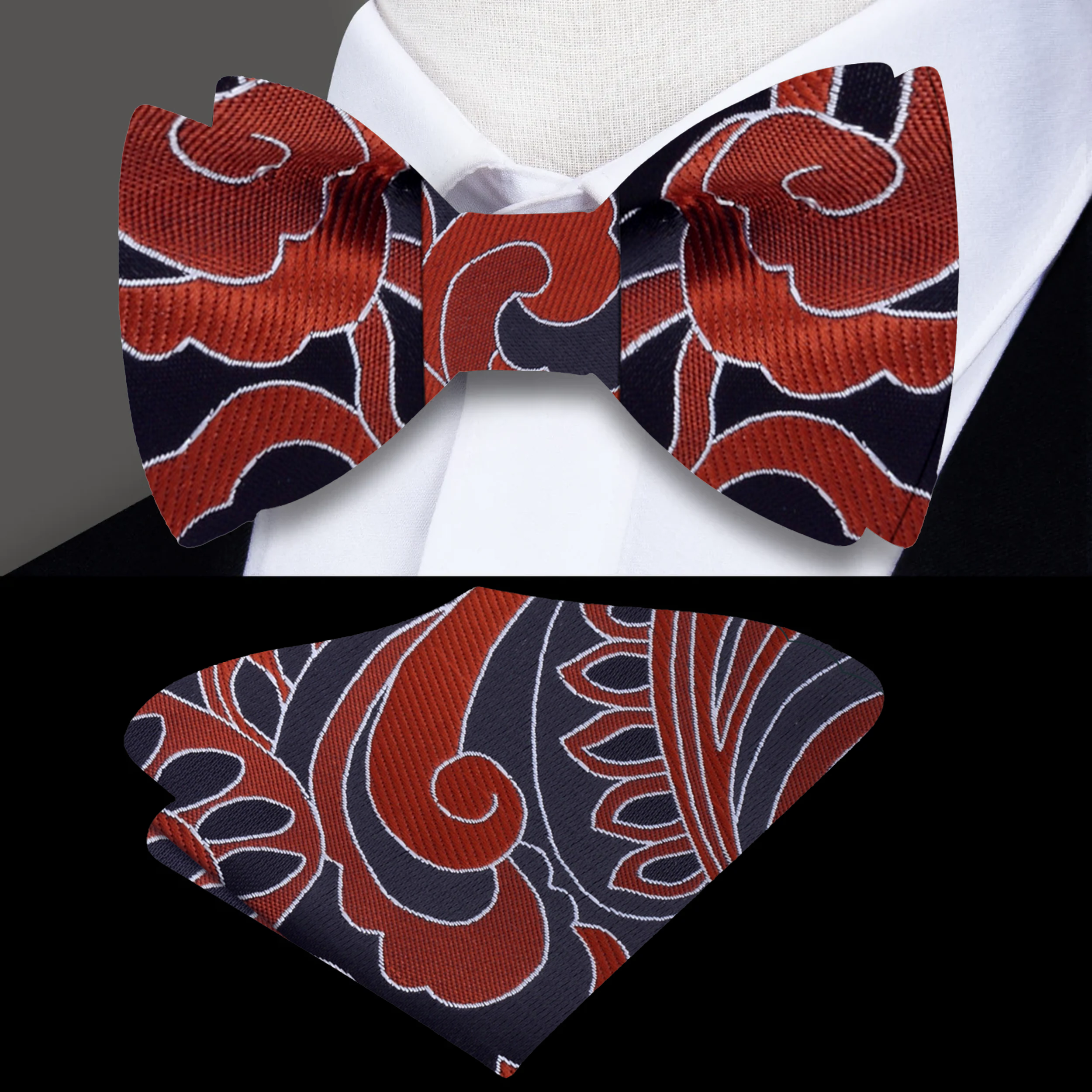 Close-up of the Cavendahl self-tie bow tie showing brown abstract swirls on black silk