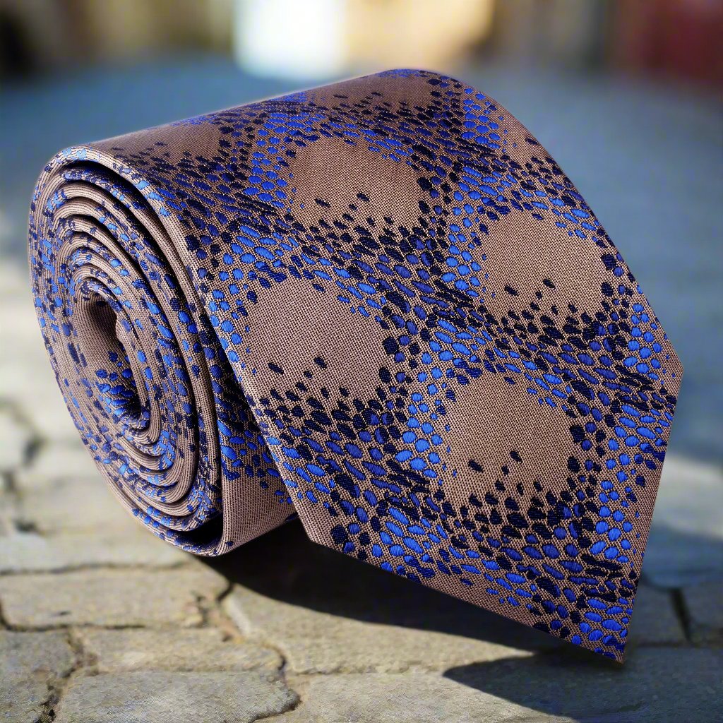 Front view of the Abstract Luxury Silk Necktie showcasing its brown and blue abstract cube design.