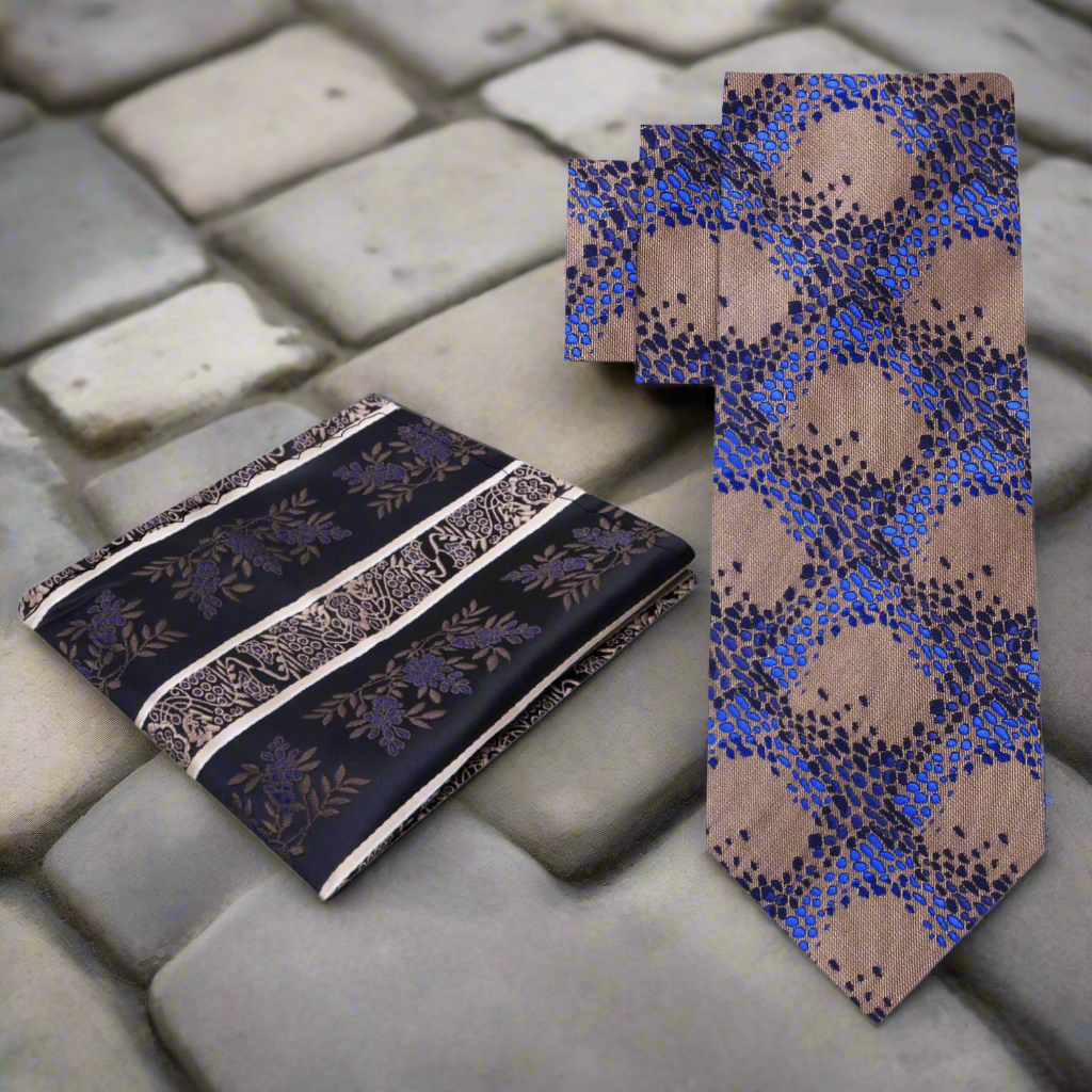 Model wearing the brown and blue tie for charcoal suit, demonstrating its stylish fit and elegant design.