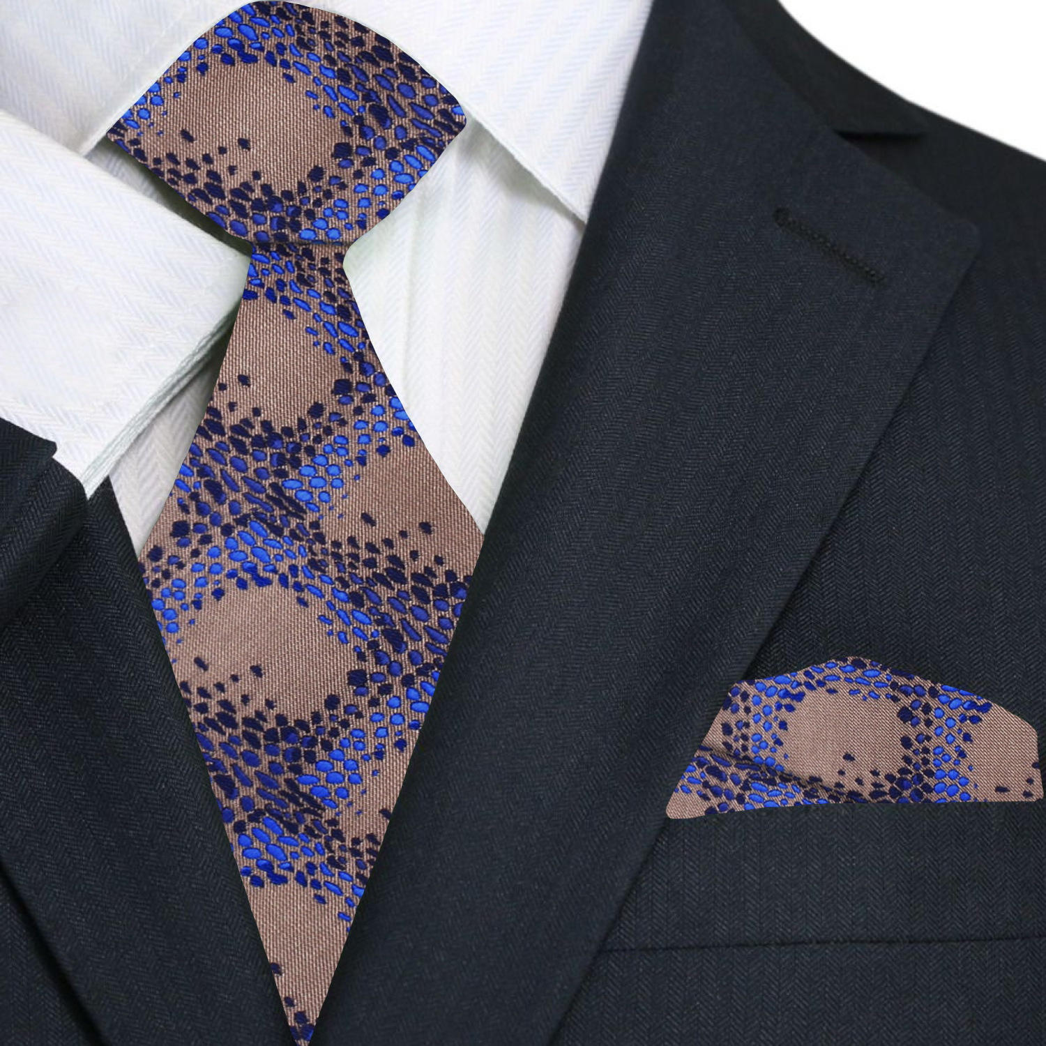 Front view of the Abstract Luxury Silk Necktie showcasing its brown and blue abstract cube design.