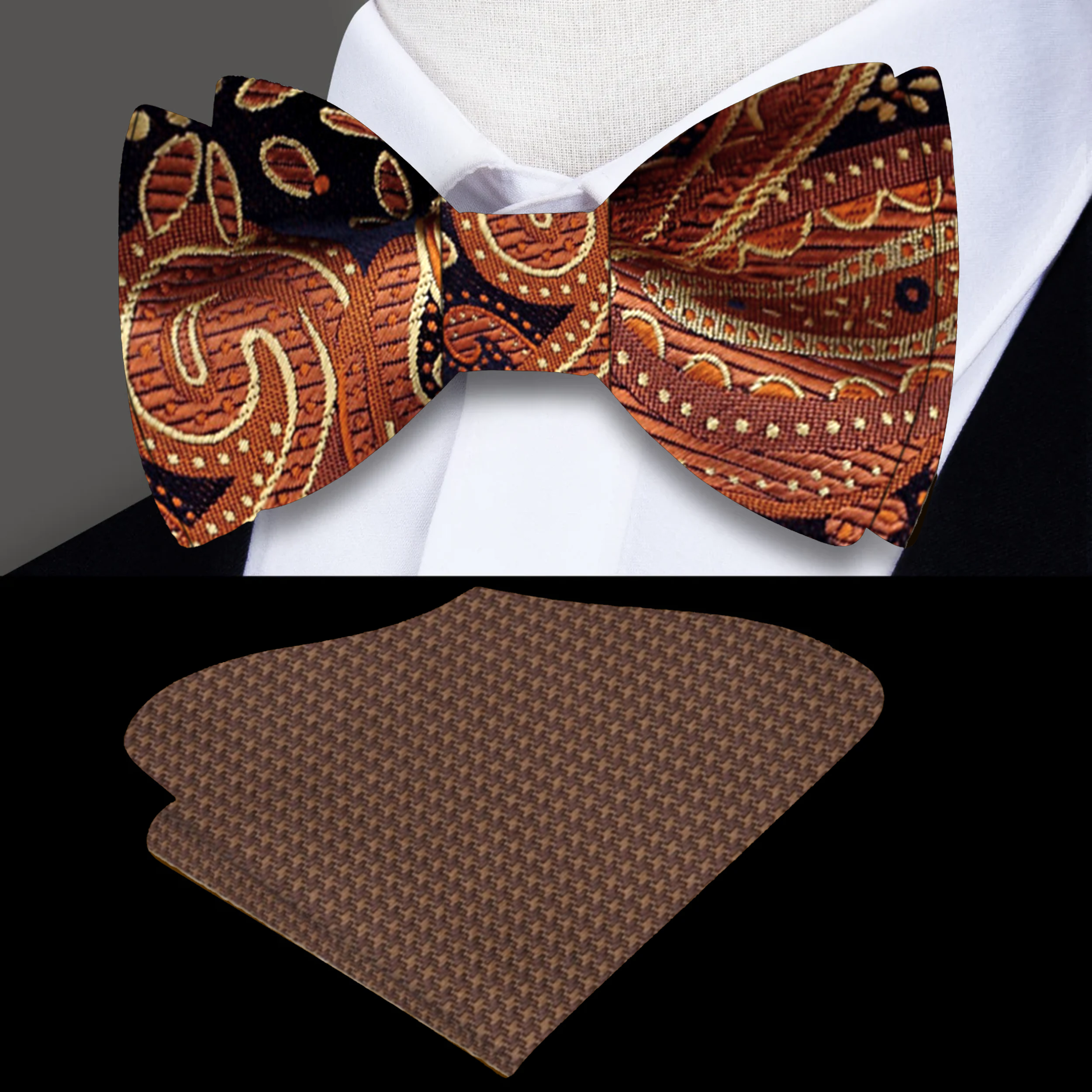 Detailed view of the intricate paisley pattern on a self tie bow tie in rich shades of brown and black