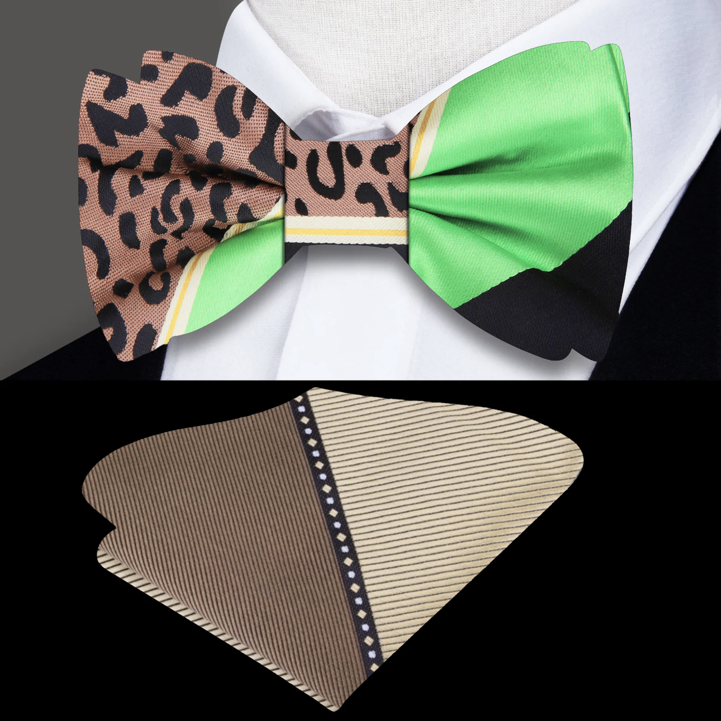 Wild pattern silk bow tie with vibrant colors, ideal for galas and parties