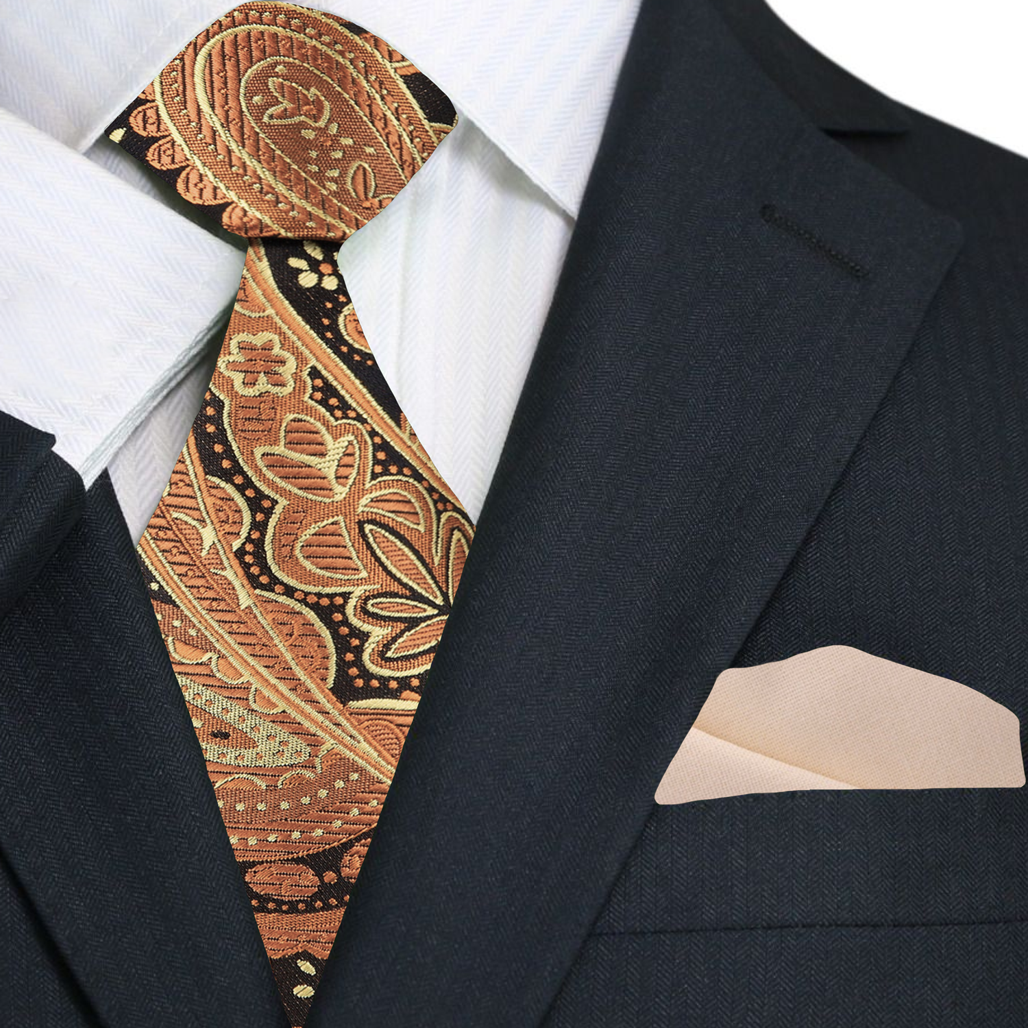 Elegant brown paisley silk tie paired with a cream dress shirt for a refined look.