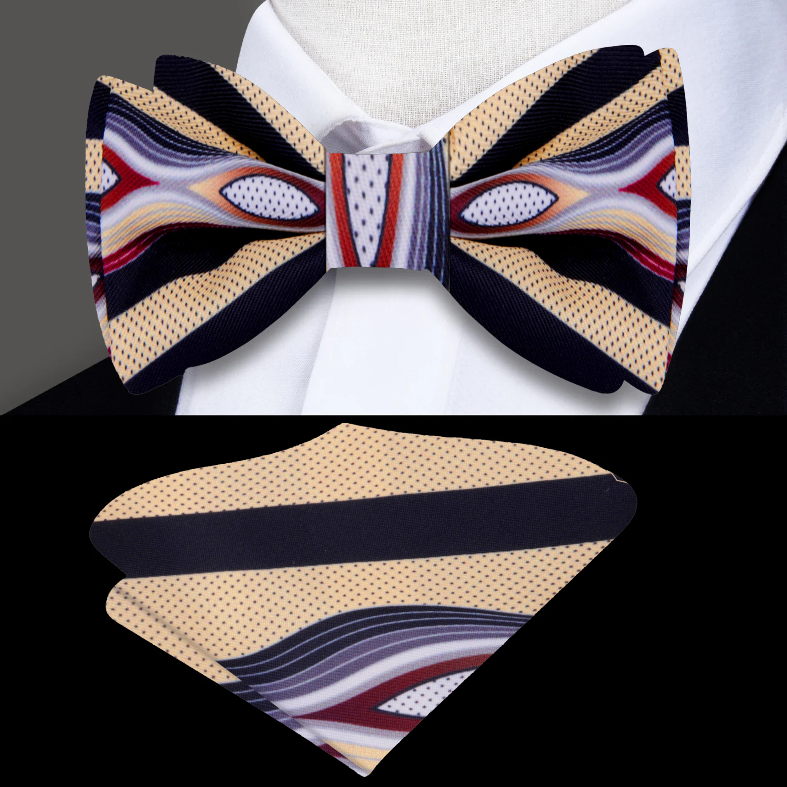 Elegant Abstract Silk Bow Tie displayed on a crisp white shirt, showcasing its unique design.