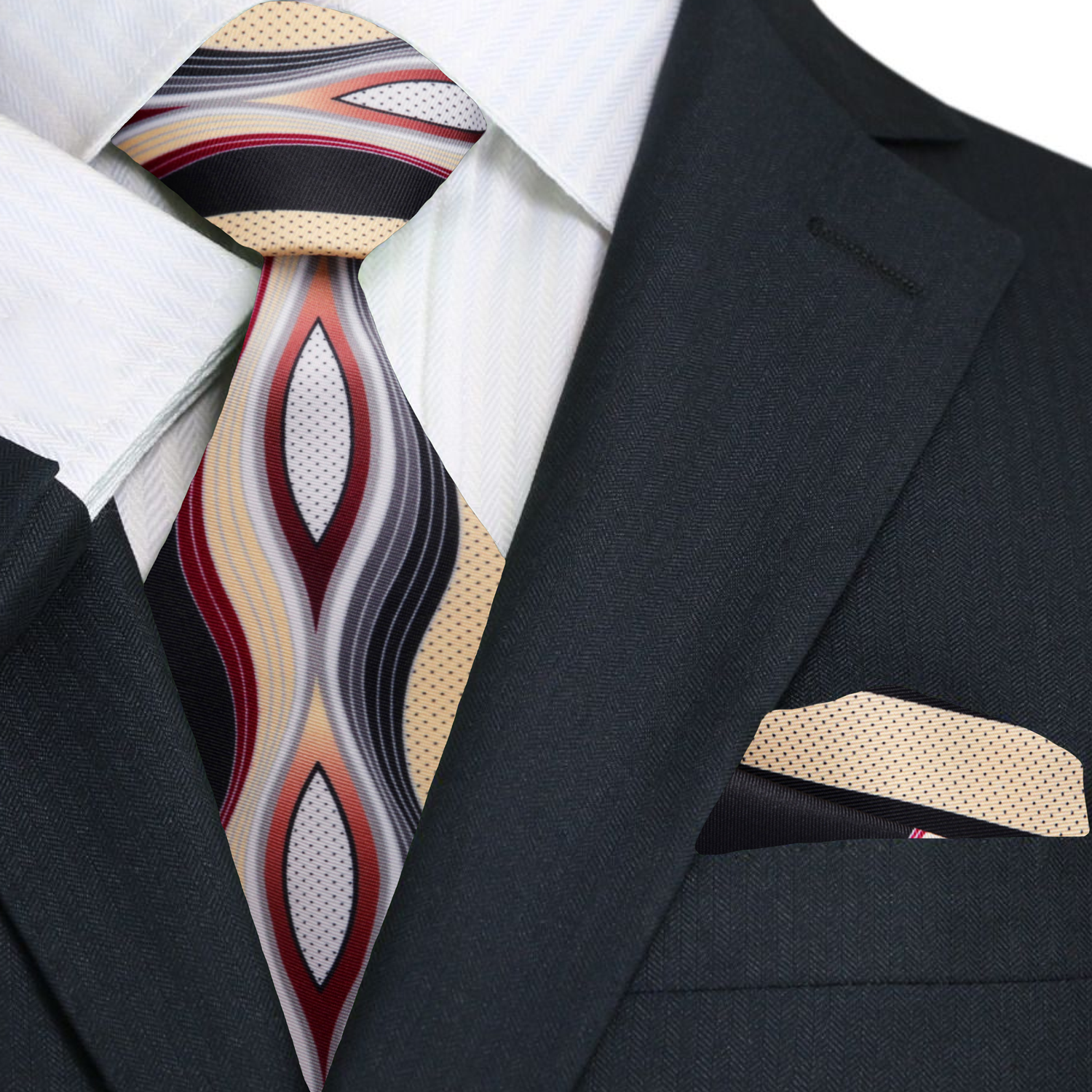 Worn by a model, the necktie adds a modern touch to a classic black suit in a business setting.