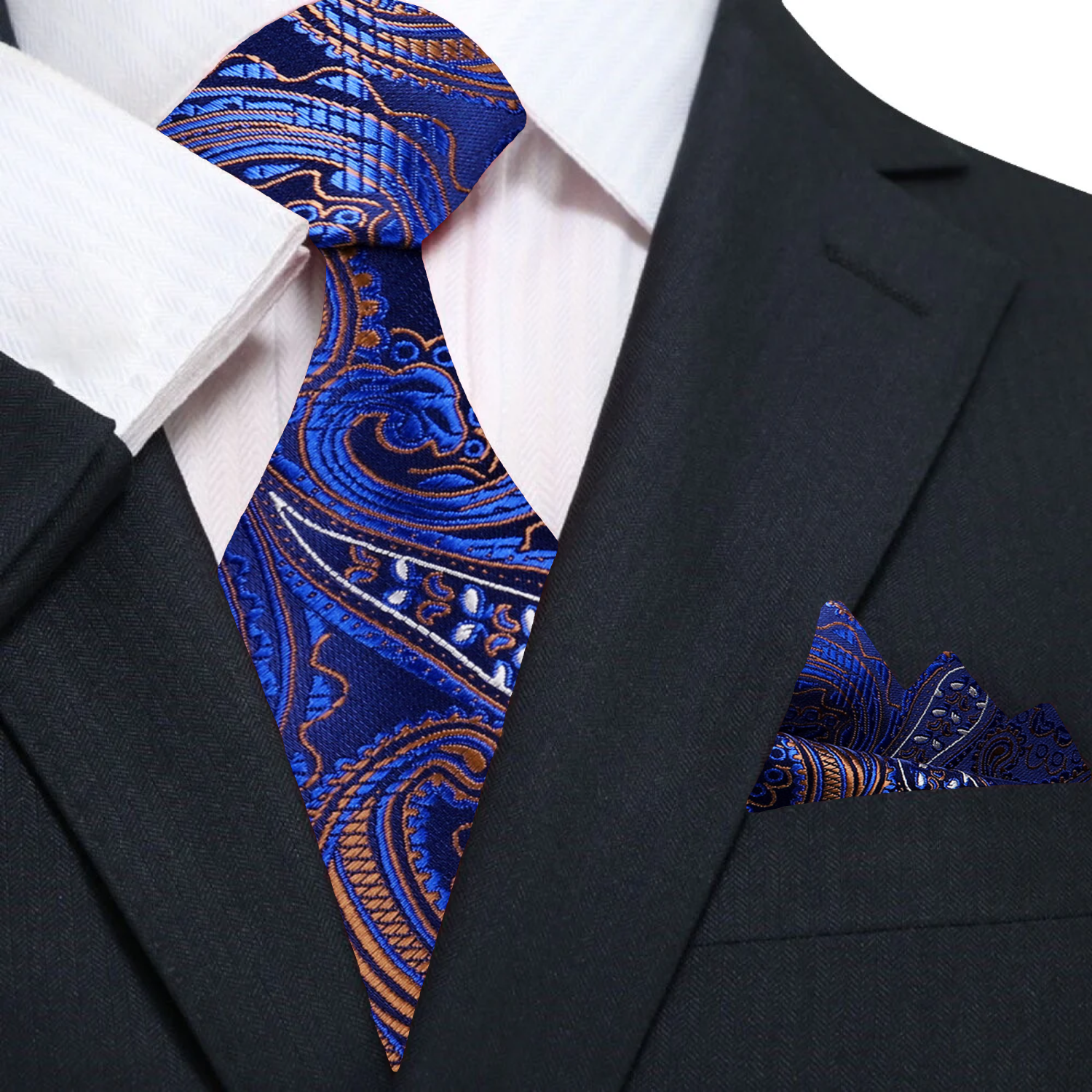 Mens tie styled with a navy suit and white dress shirt, demonstrating a polished look for business meetings.
