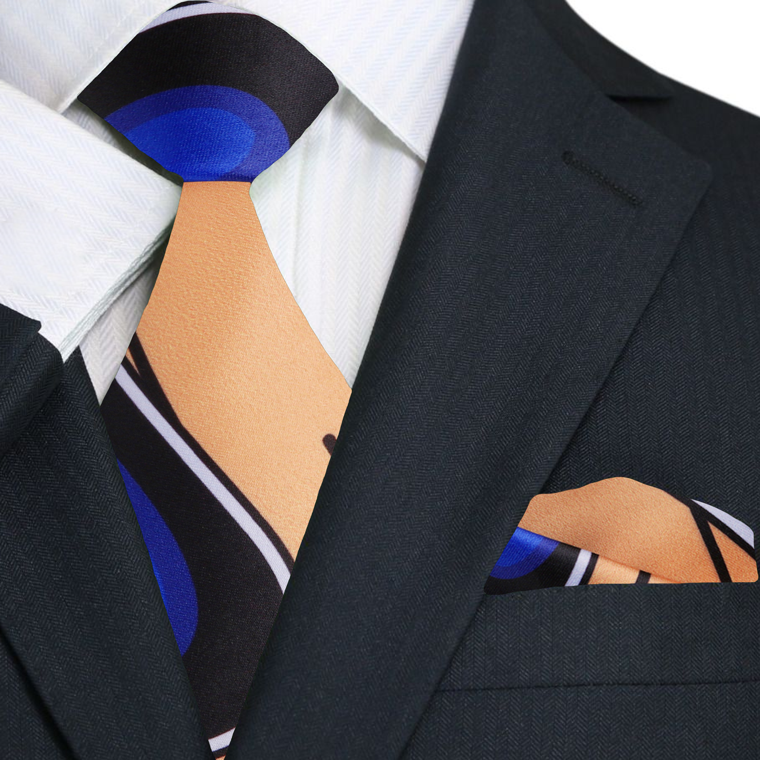 Elegant paisley silk necktie featuring a bold cream, blue, and black pattern, ideal for formal occasions.