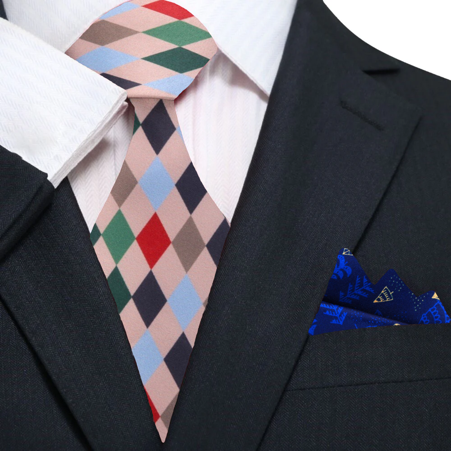 Man wearing a festive silk tie with matching pocket square for holiday party