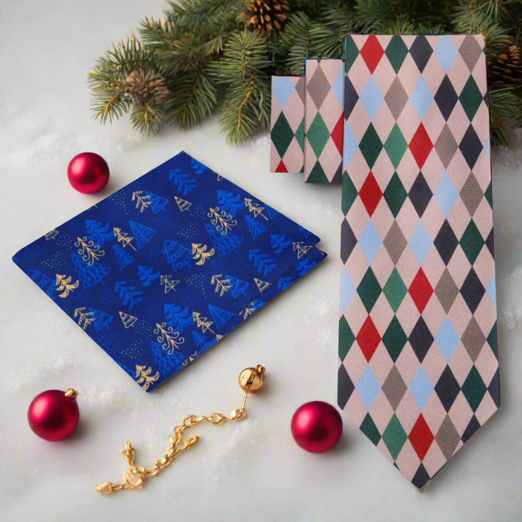 Close-up of silk Christmas Harlequin Diamonds necktie in festive colors