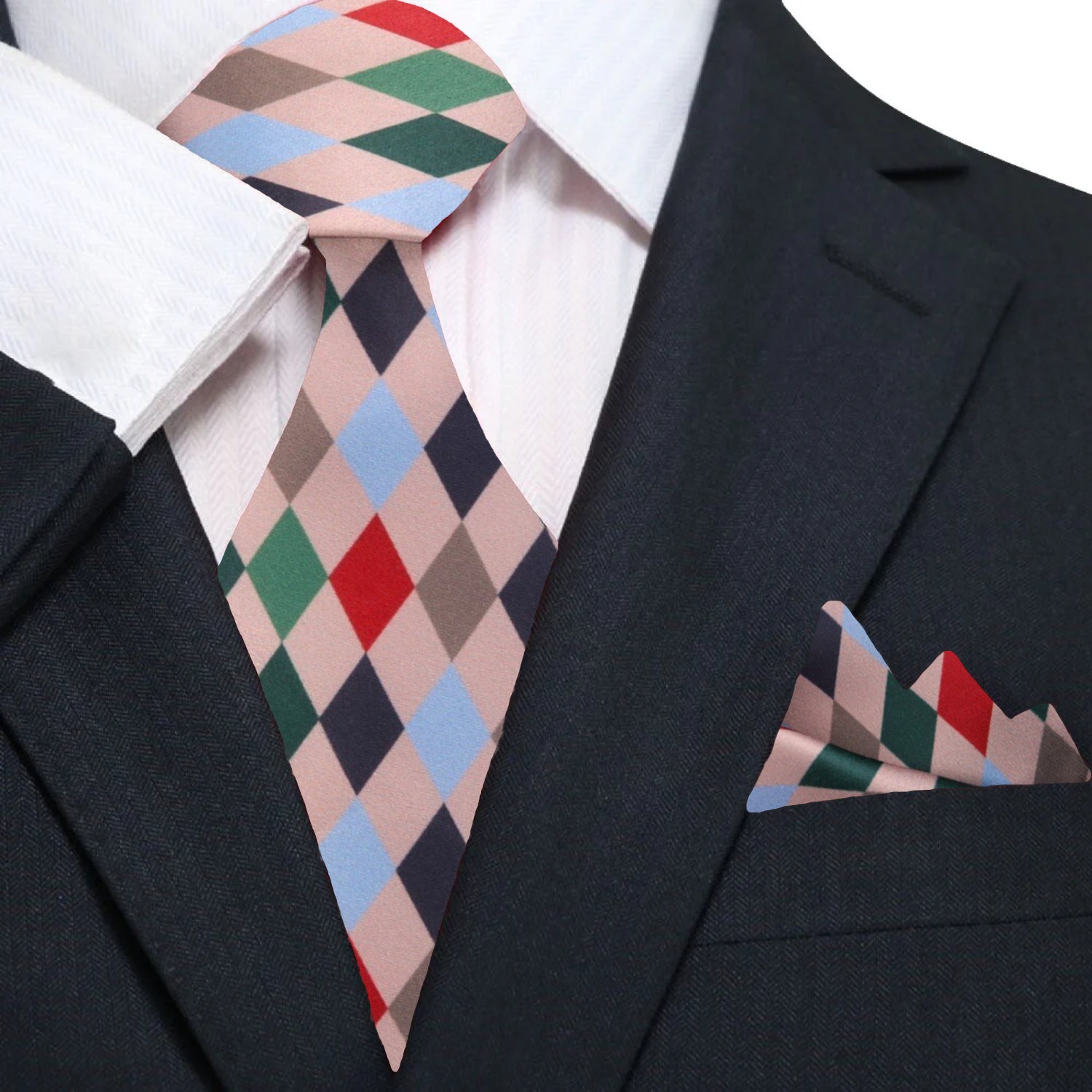 Close-up of silk Christmas Harlequin Diamonds necktie in festive colors