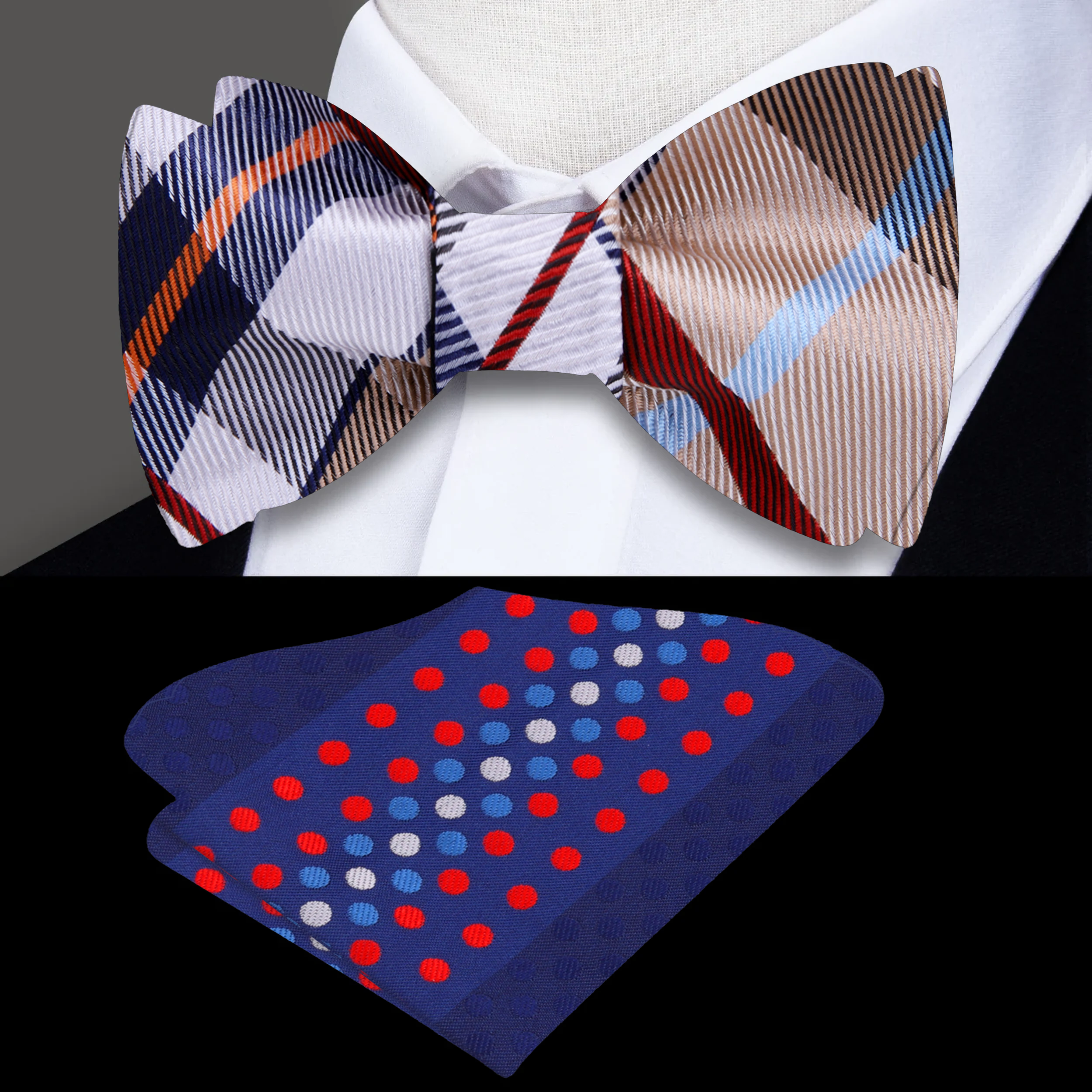 Close-up of the silk texture on a stylish plaid bow tie.