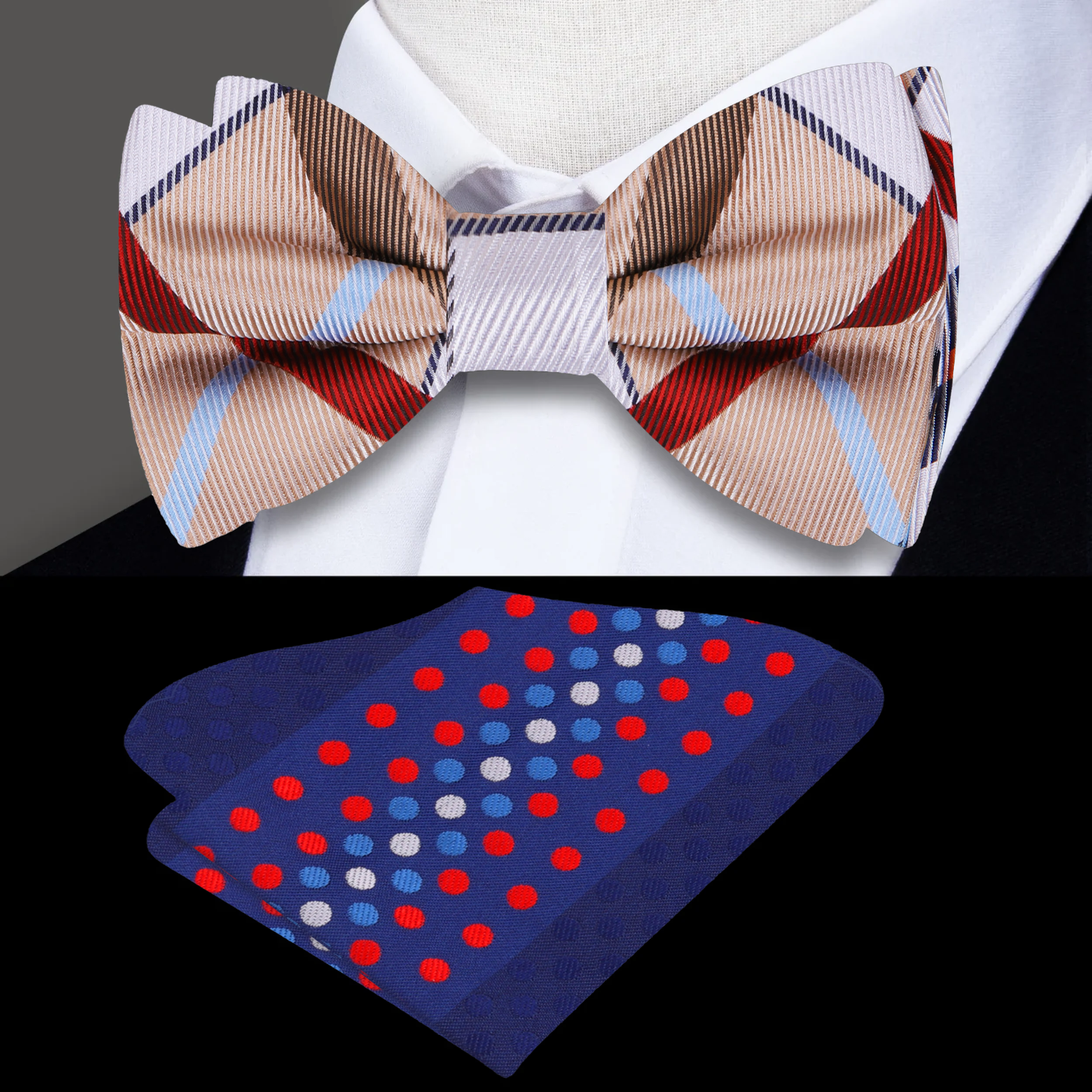 Brown, red, and blue plaid bow tie set displayed on a crisp white shirt.
