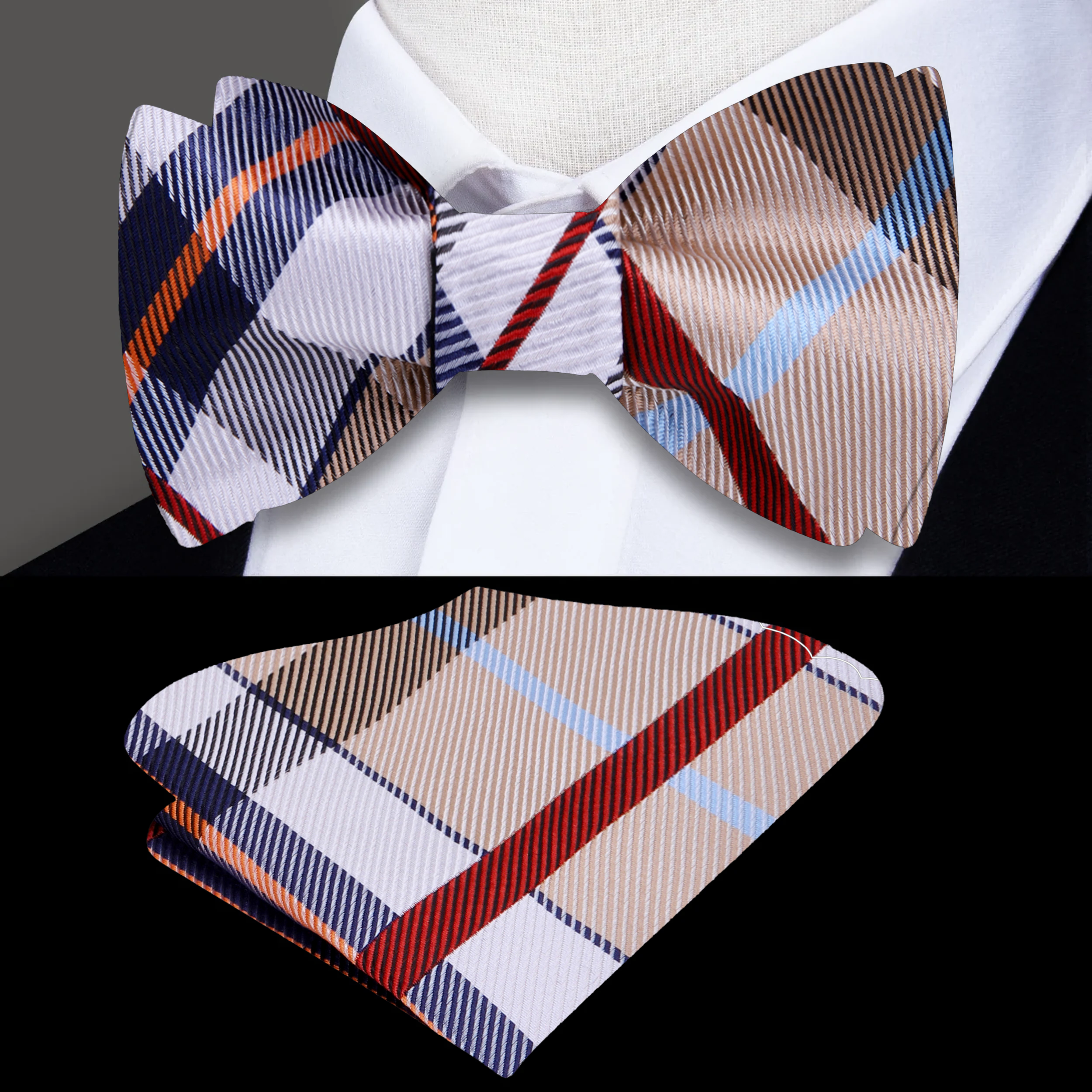 Red and black plaid bow tie with matching pocket square arranged elegantly.