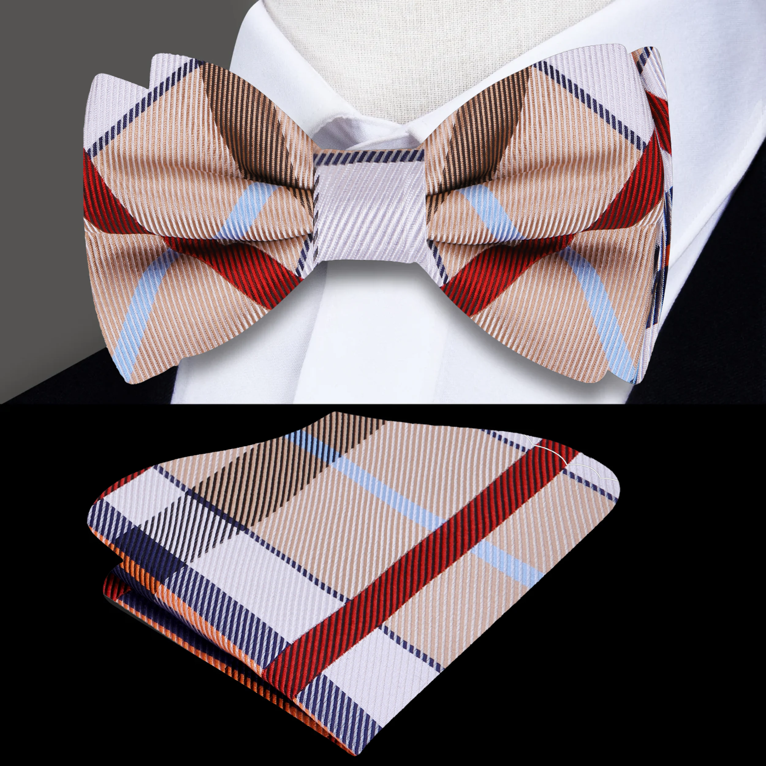 Close-up of the silk texture on a stylish plaid bow tie.