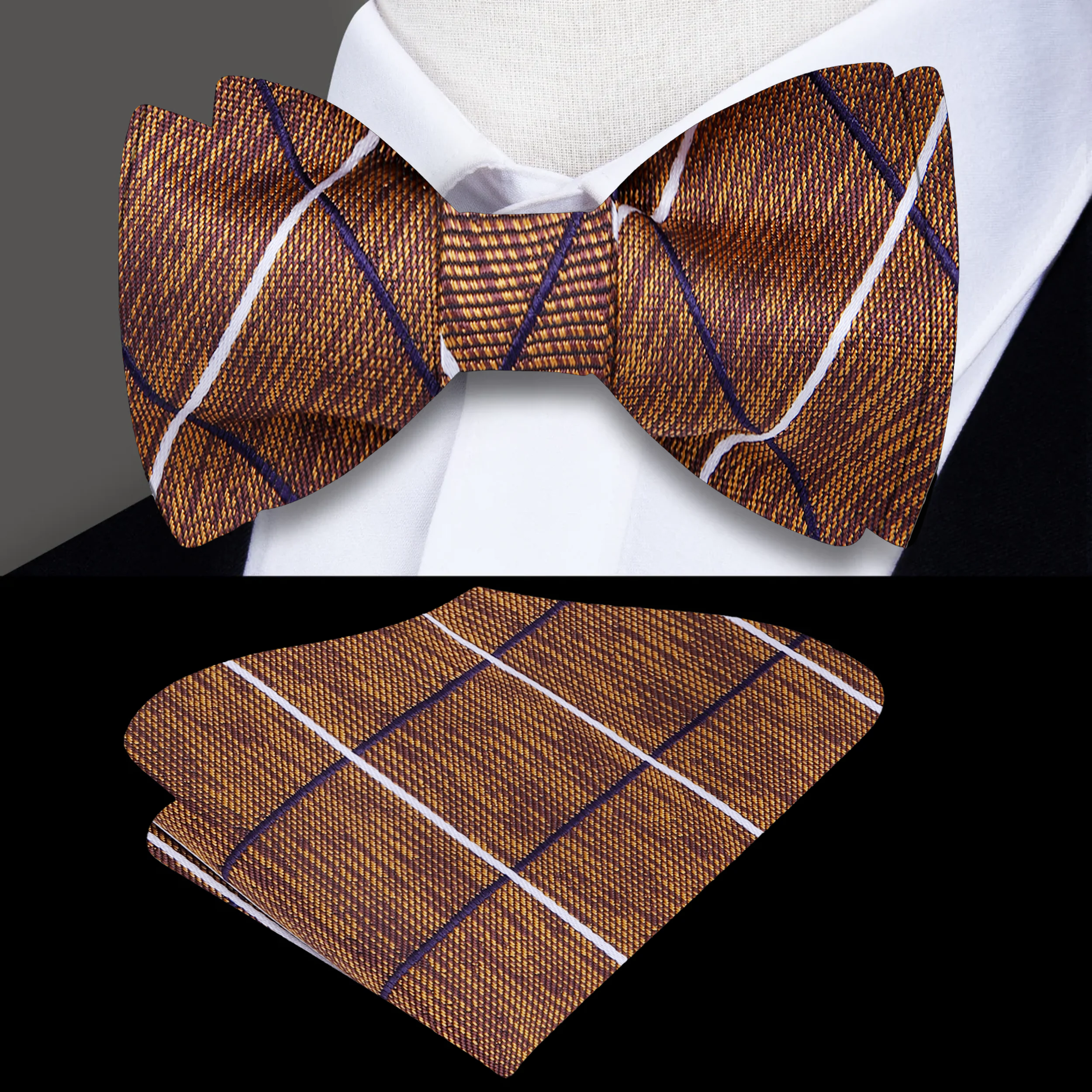 Man wearing plaid silk bow tie with pocket square at outdoor autumn wedding