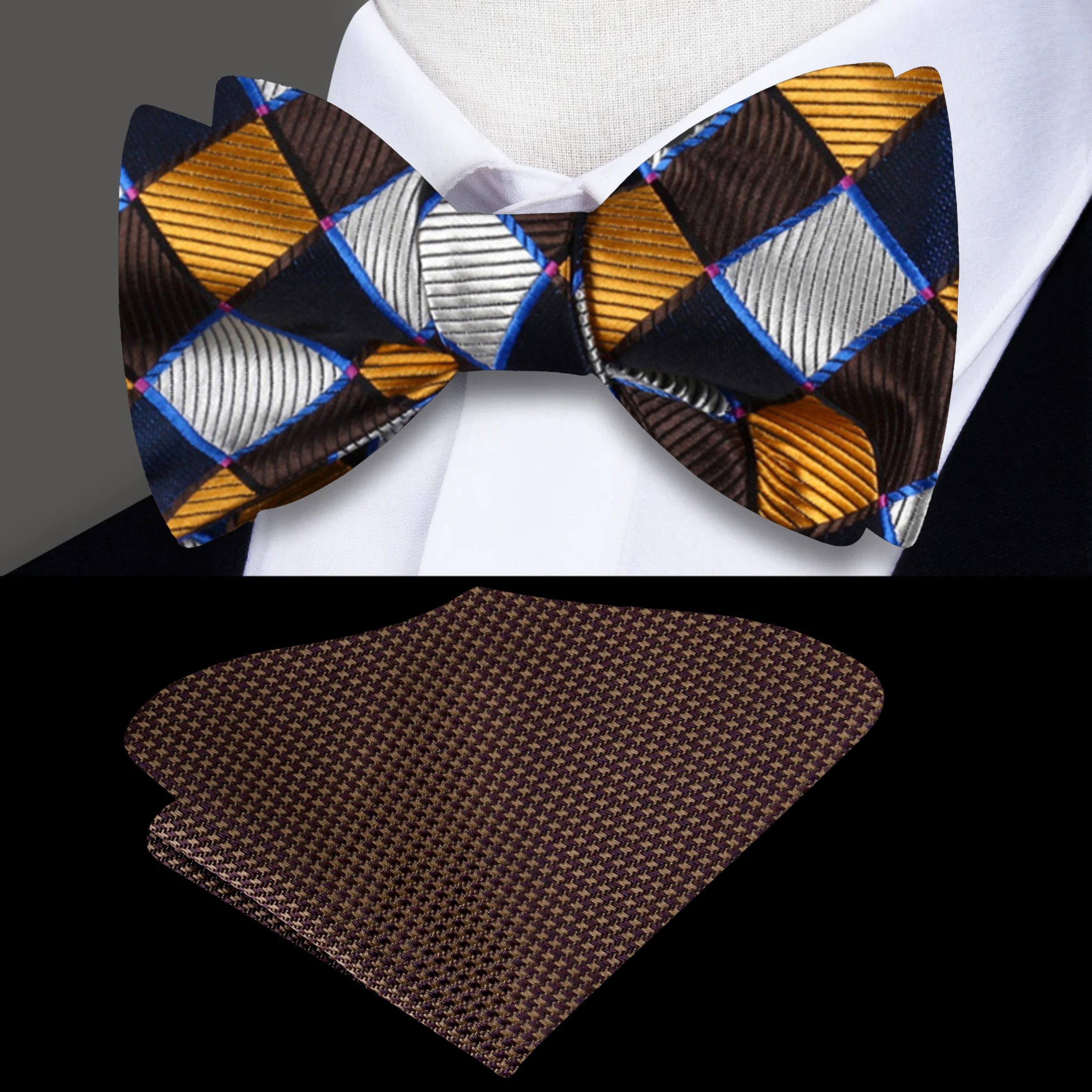 Front view of geometric diamond silk bow tie showing rich brown and gold pattern