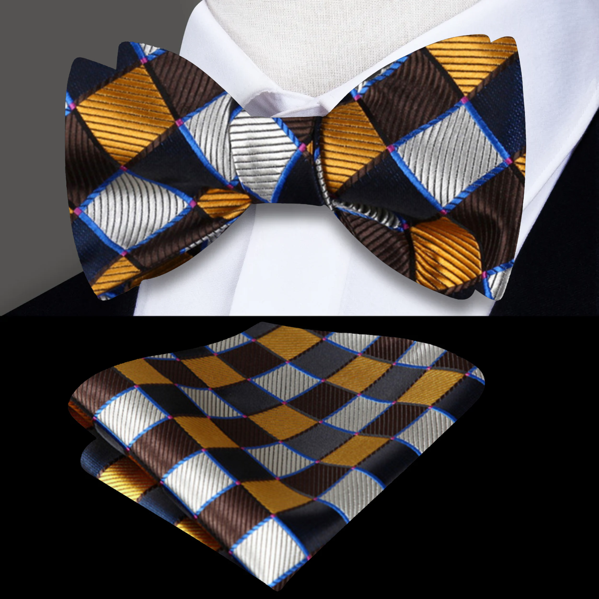 Styled with a white dress shirt and navy suit for formal event