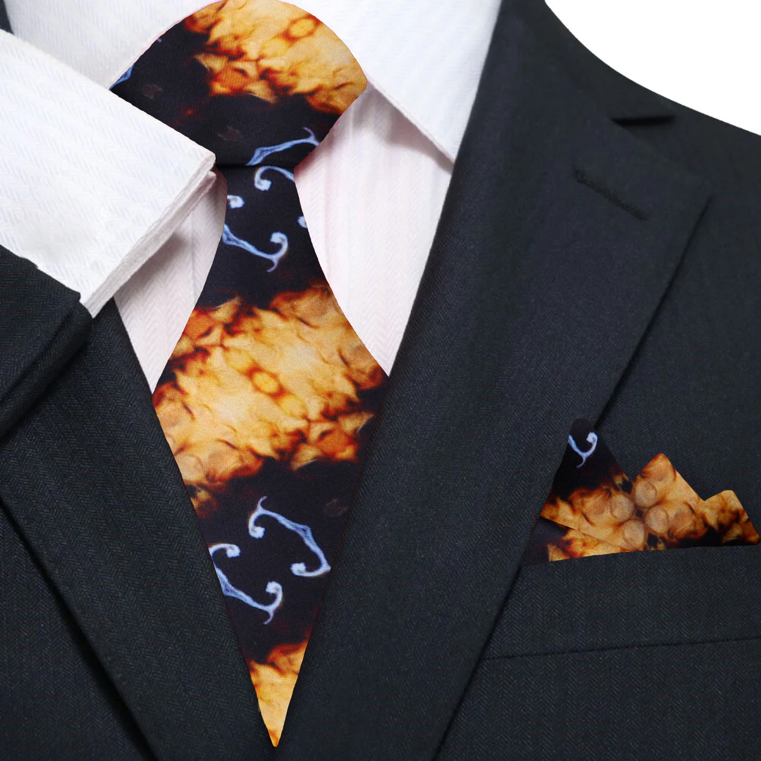 Caramel macchiato silk necktie displayed with a dark brown suit for a refined look.