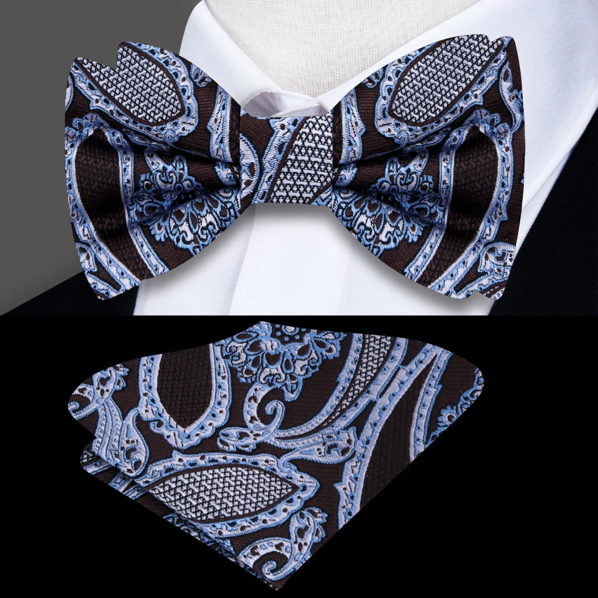 Close-up of a paisley bow tie in brown and blue for weddings