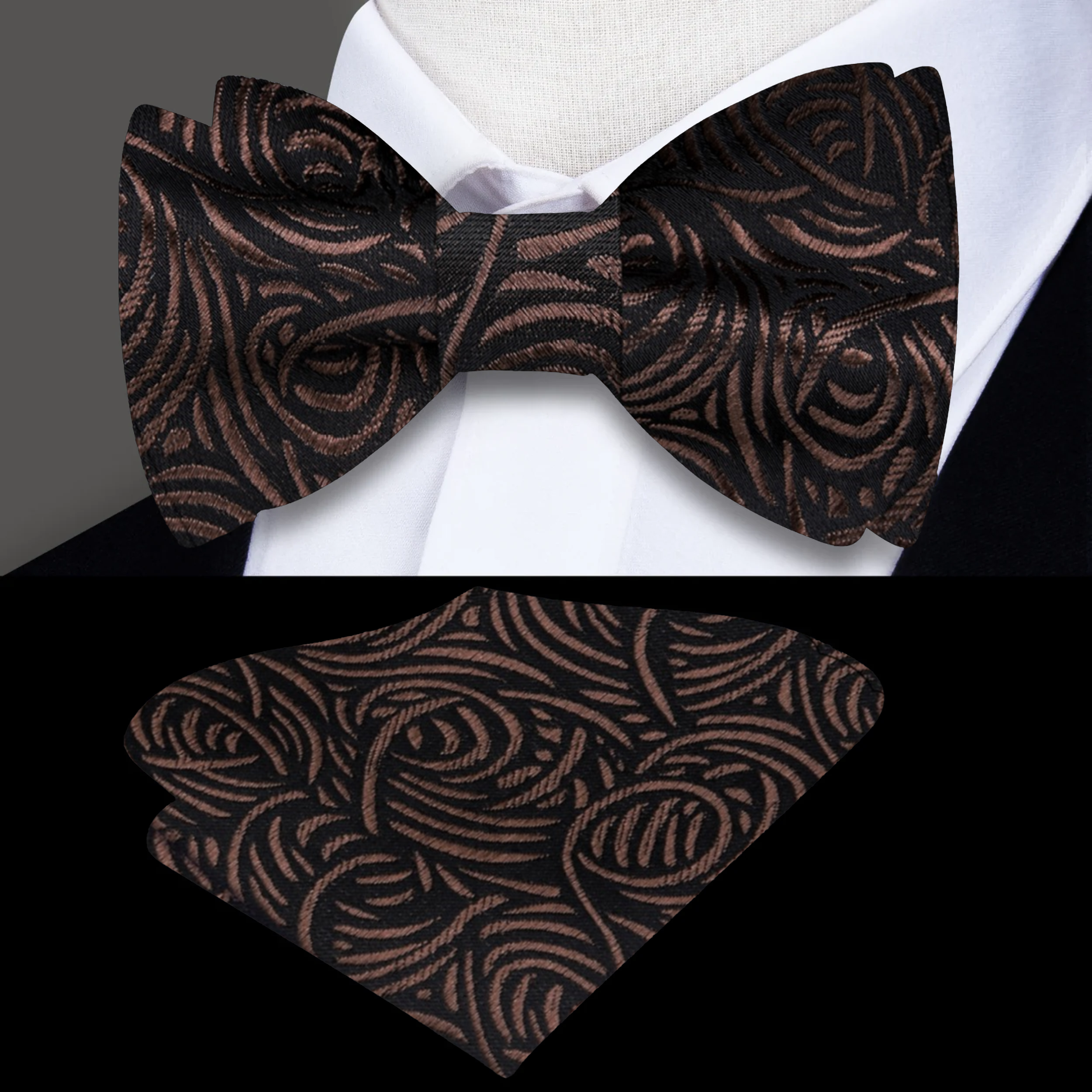 Elegant brown swirl pattern silk bow tie on a mannequin for formal wear