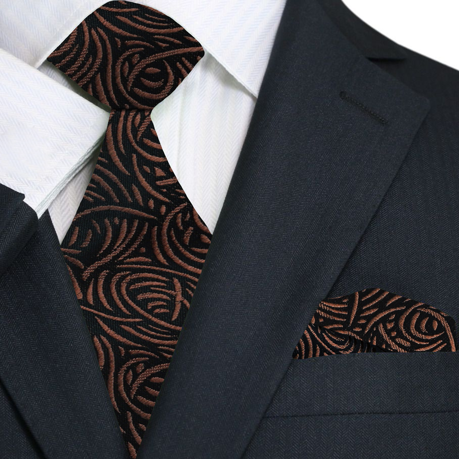 Close-up of the intricate swirl design on the brown silk necktie, highlighting its luxury and craftsmanship.