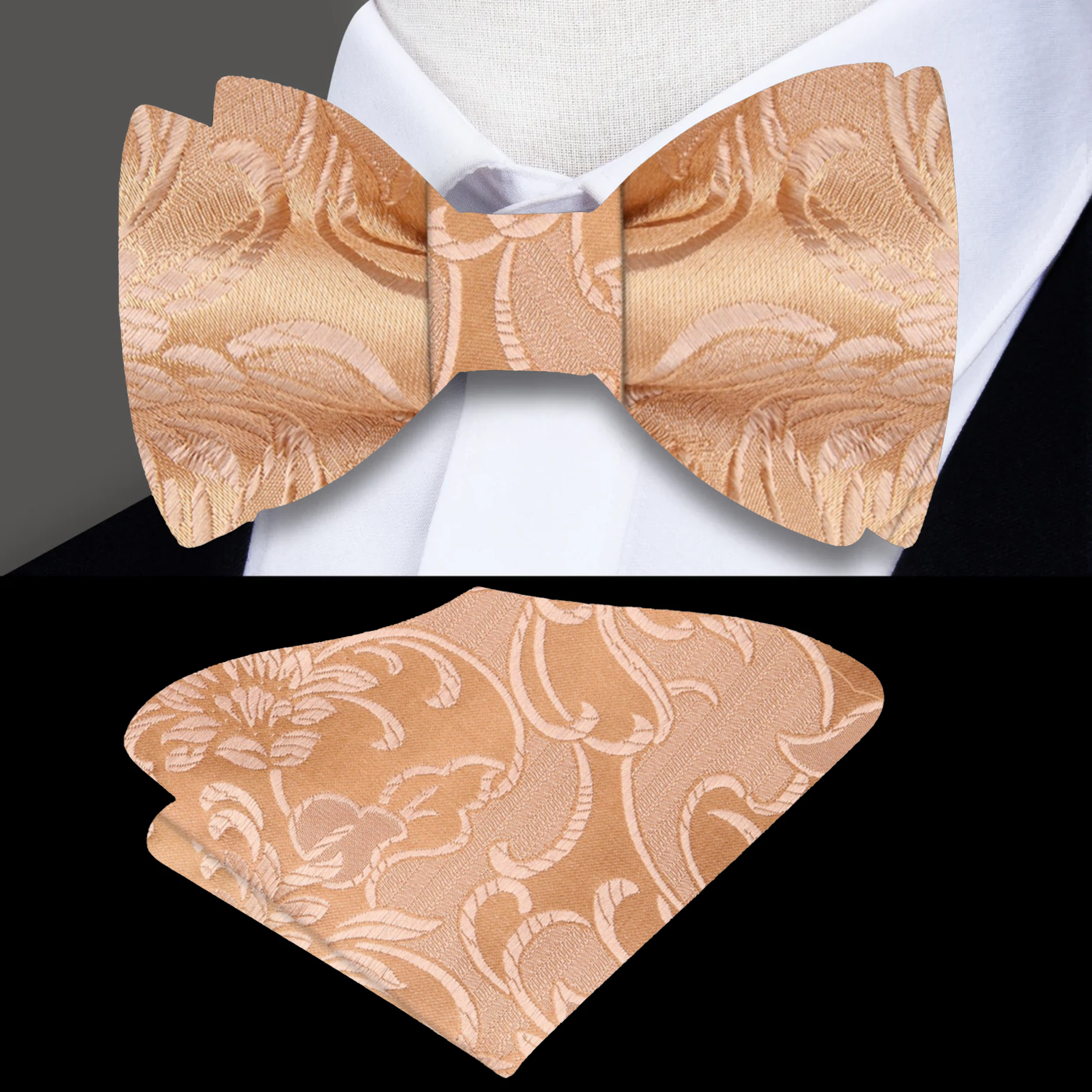 Elegant paisley silk bow tie in white on model's neck for formal occasion