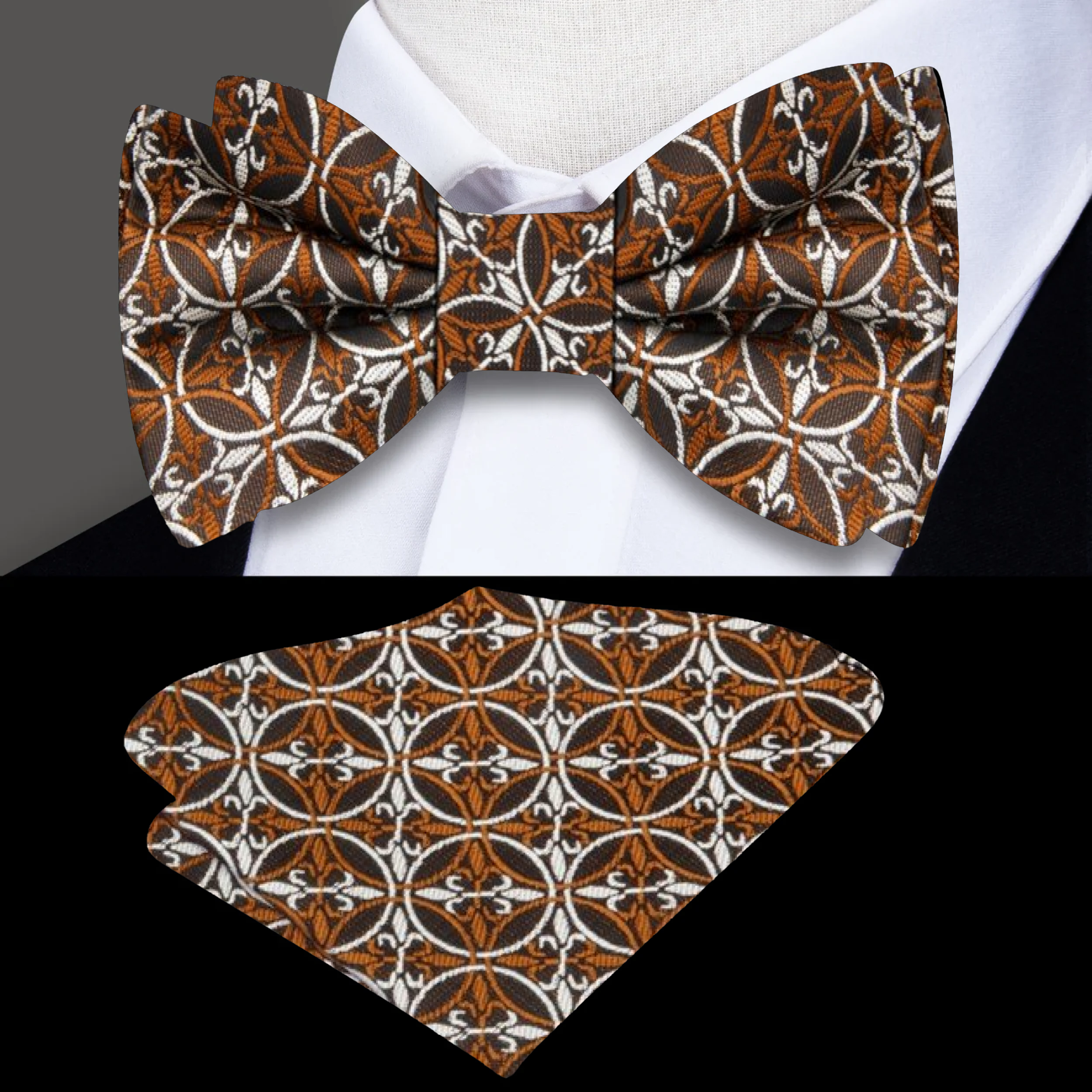 Close-up of the elegant geometric bow tie in black, showcasing its intricate design.