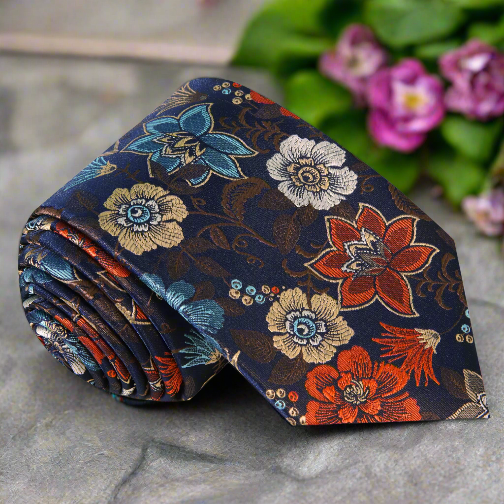 Close-up of vibrant floral silk necktie showing bold flower patterns, perfect for weddings and art events