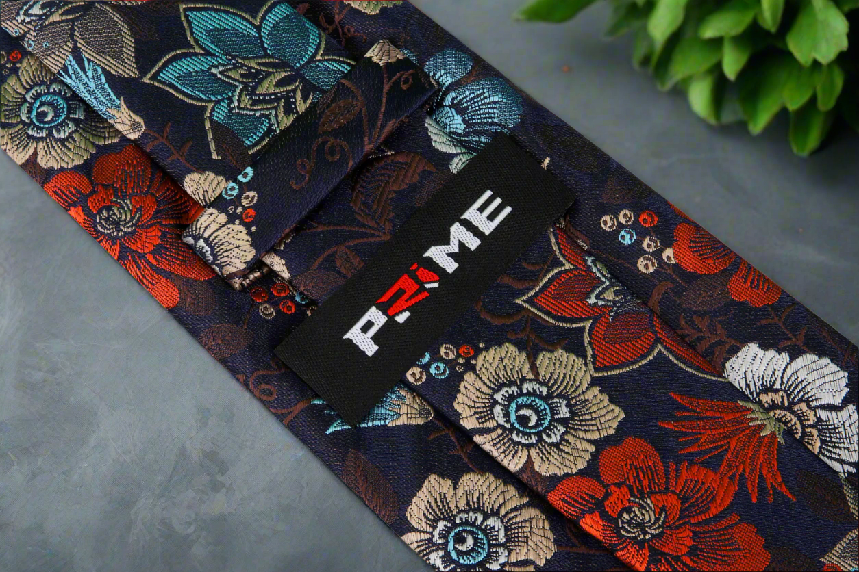 Man wearing floral tie with navy suit at an art gallery opening, stylish and artistic