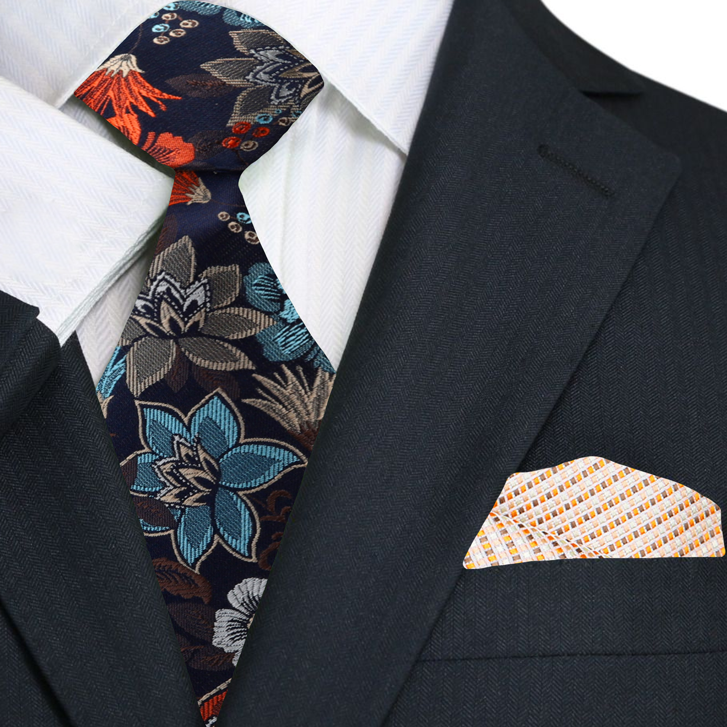 Man wearing floral tie with navy suit at an art gallery opening, stylish and artistic