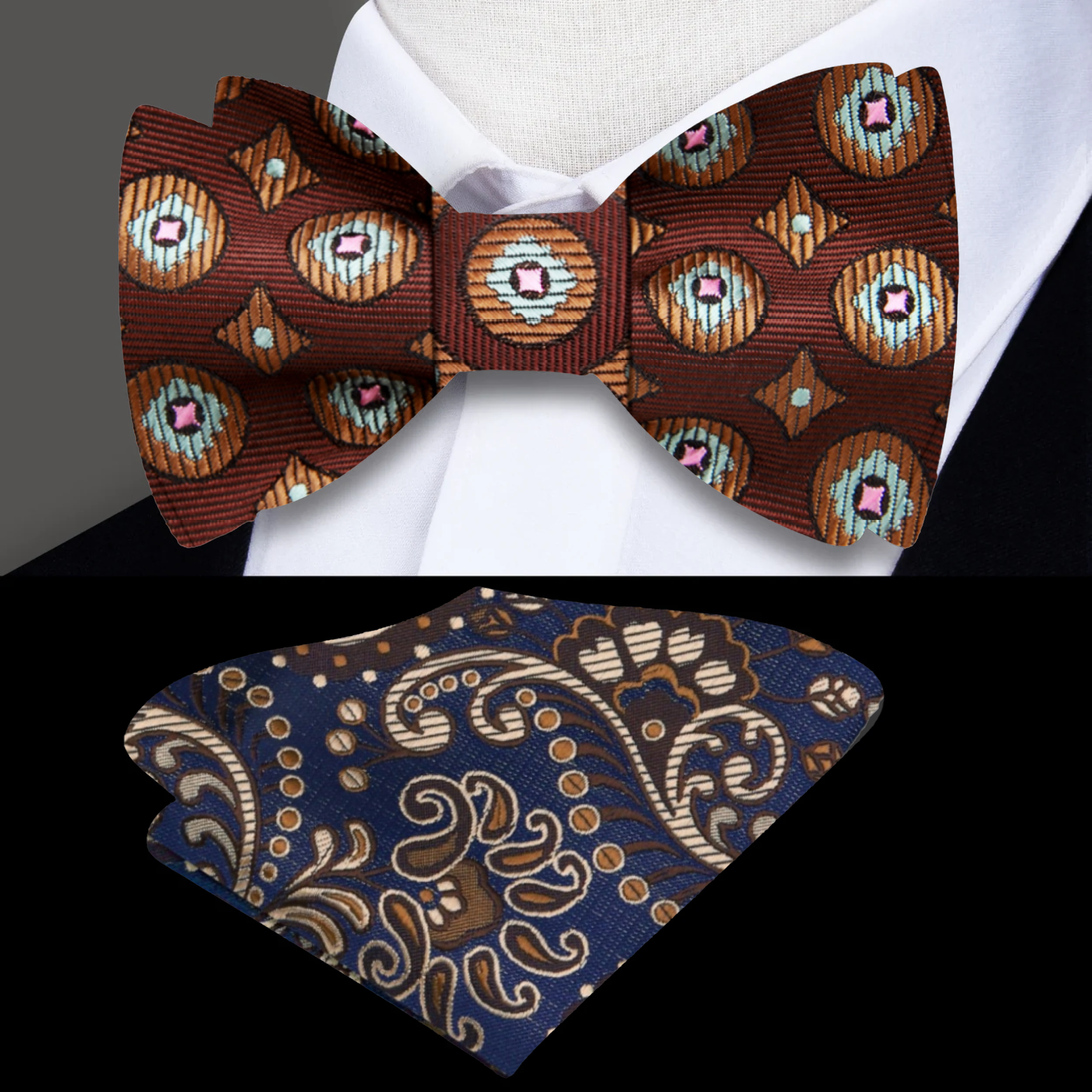 Front view of a geometric self-tie bow tie in brown and grey for weddings