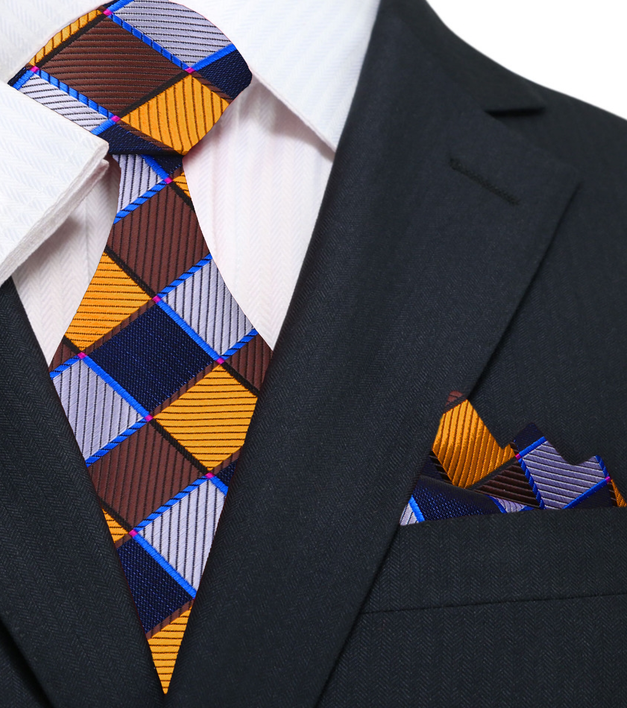 Stylish presentation of the brown and gold tie paired with a crisp white dress shirt, ideal for formal events.