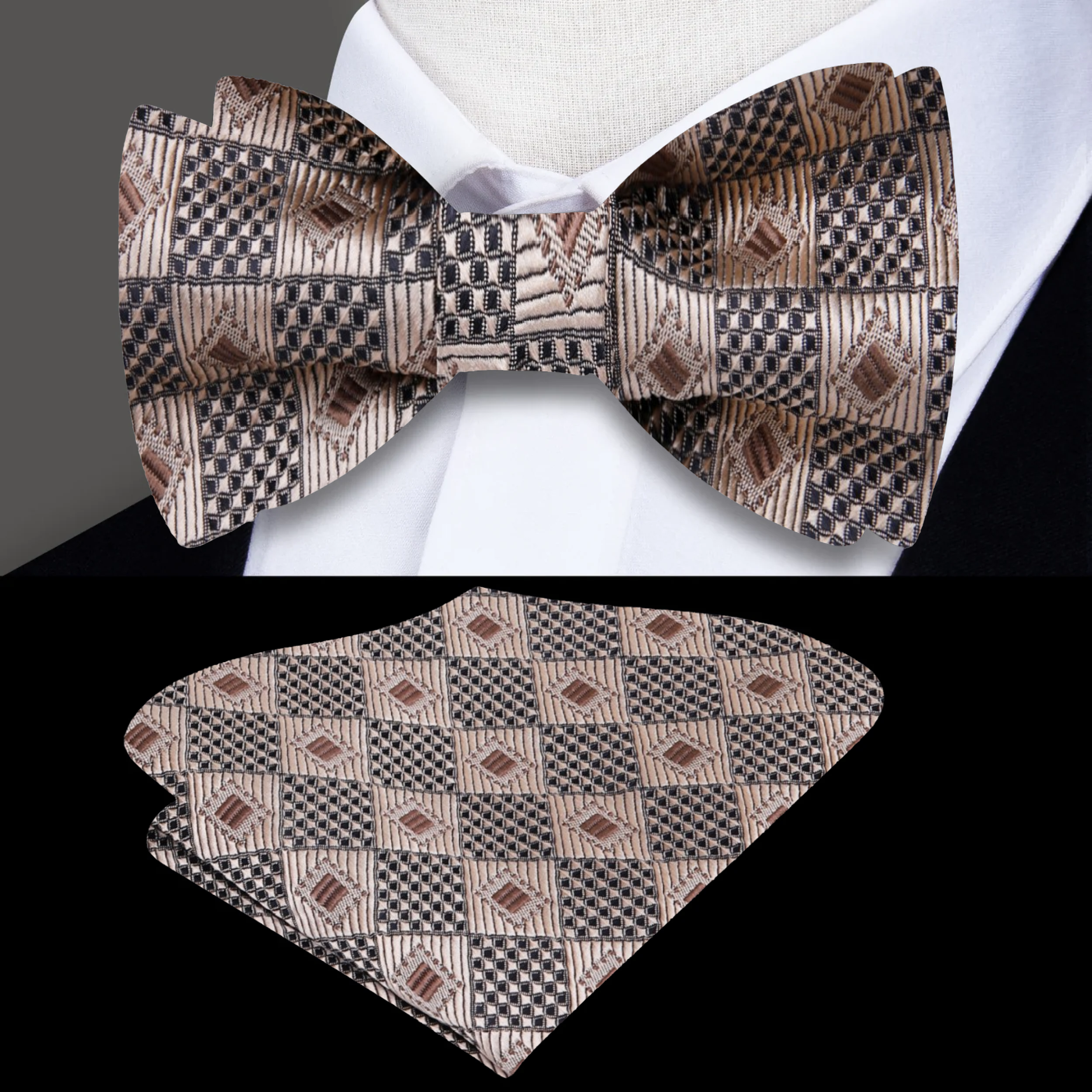 Close-up of gold and brown silk bow tie with geometric diamond pattern for formal events
