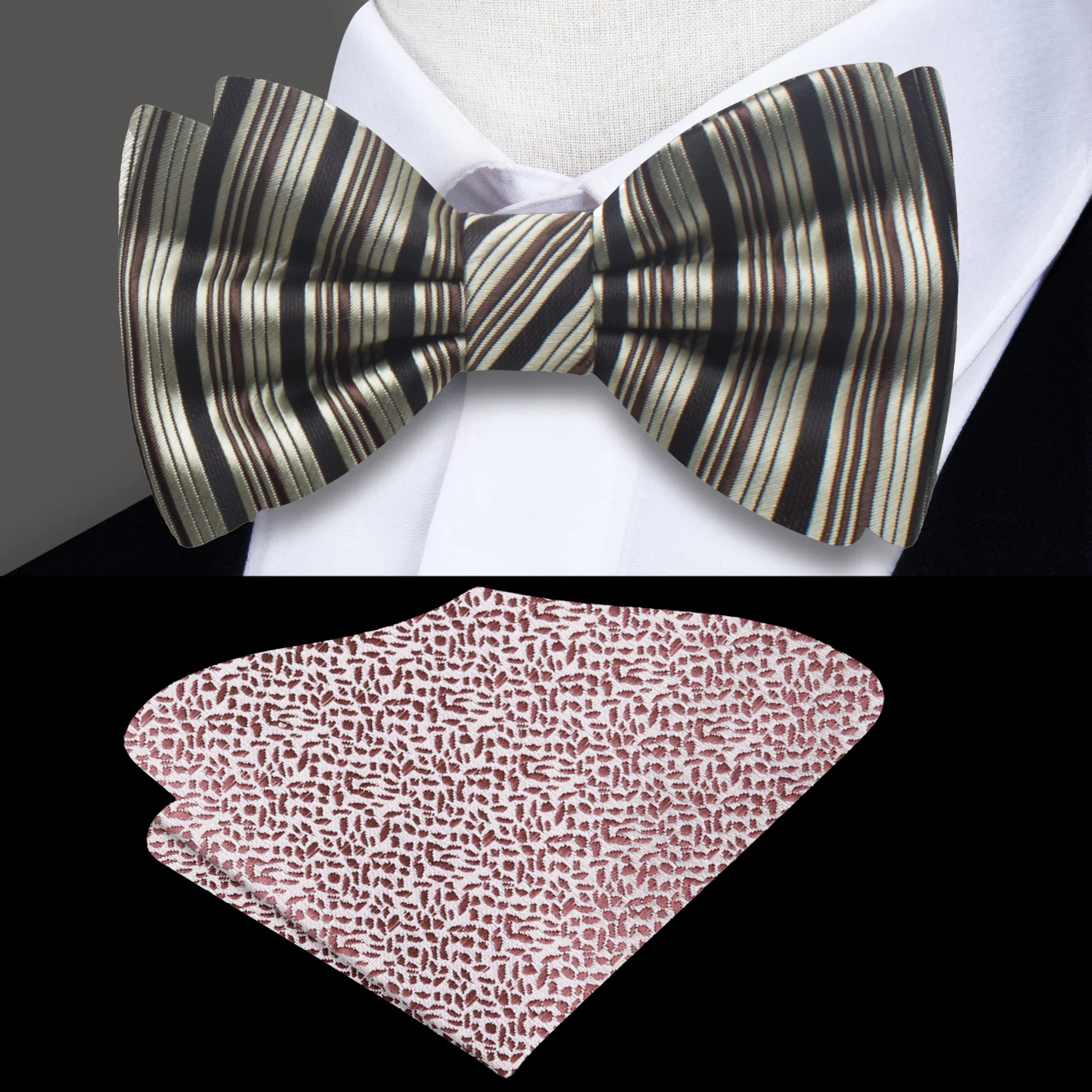 Close-up of the adjustable silk bow tie, demonstrating its versatility and quality.