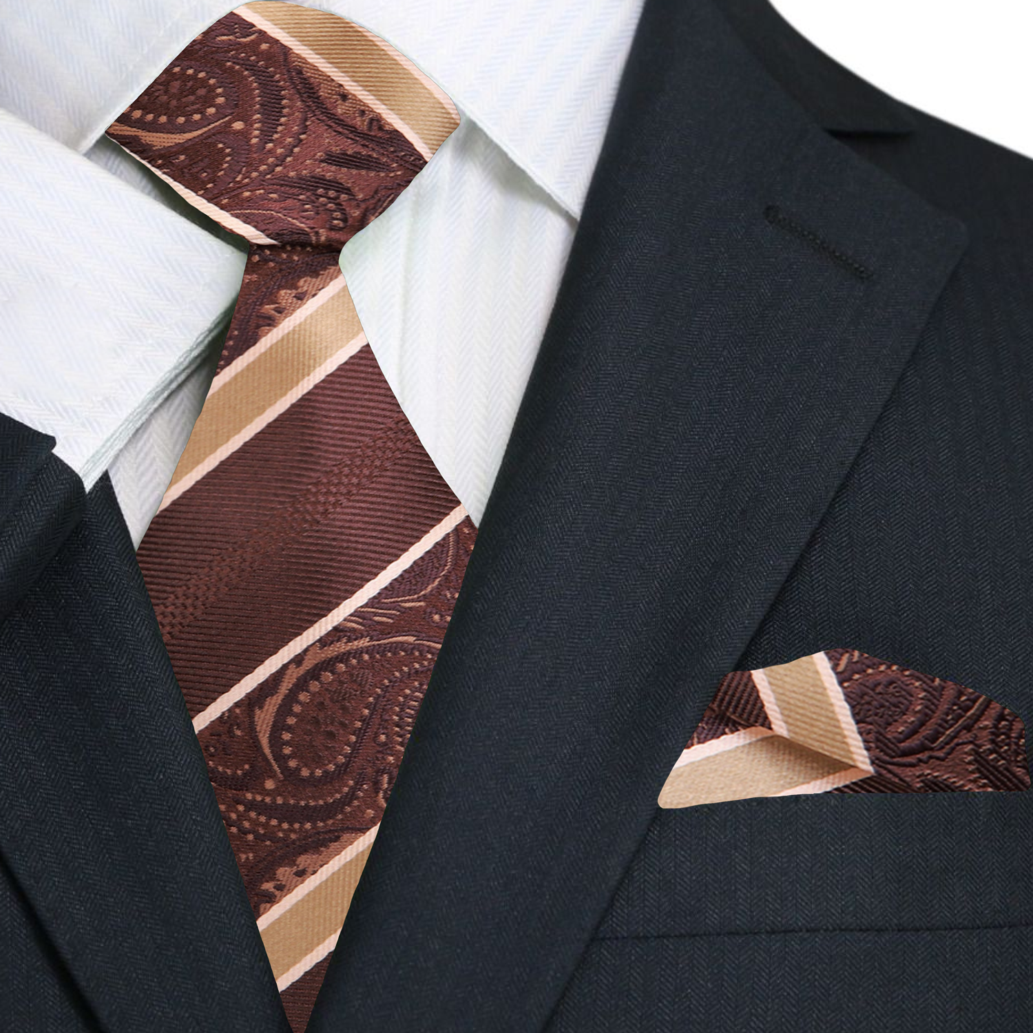 Brown and gold silk necktie displayed on a dark brown suit jacket