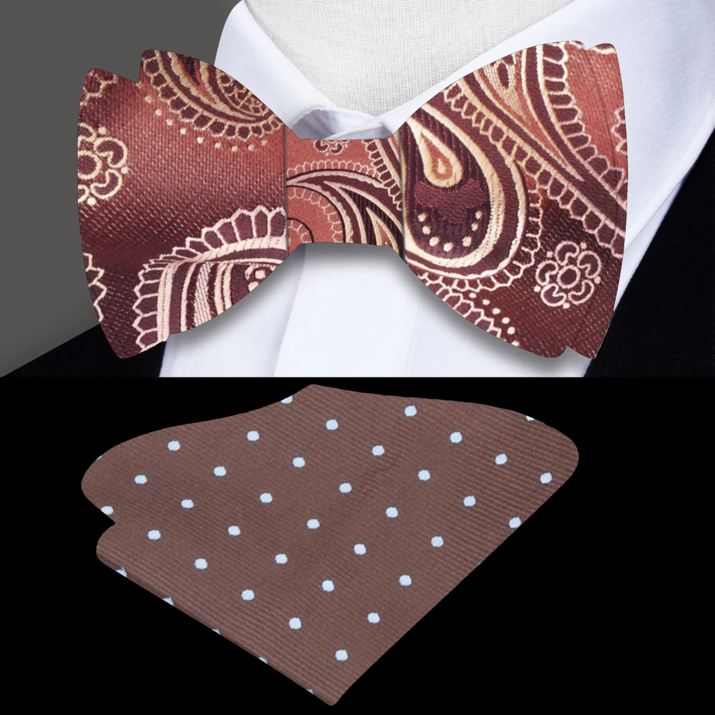Close-up of a self tie silk bow tie in paisley pattern, perfect for weddings