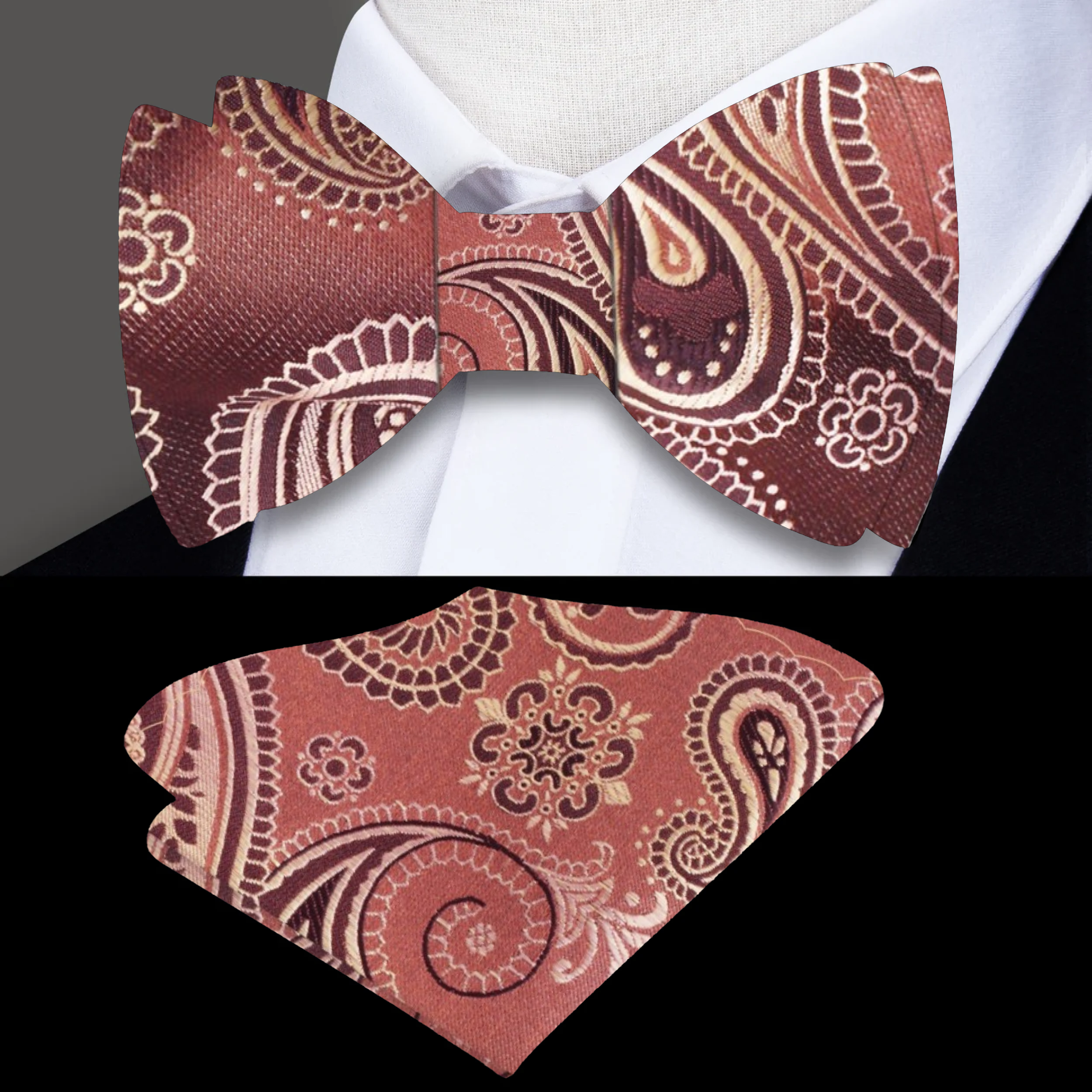 Elegant brown and gold paisley silk bow tie worn with a tuxedo for evening wear