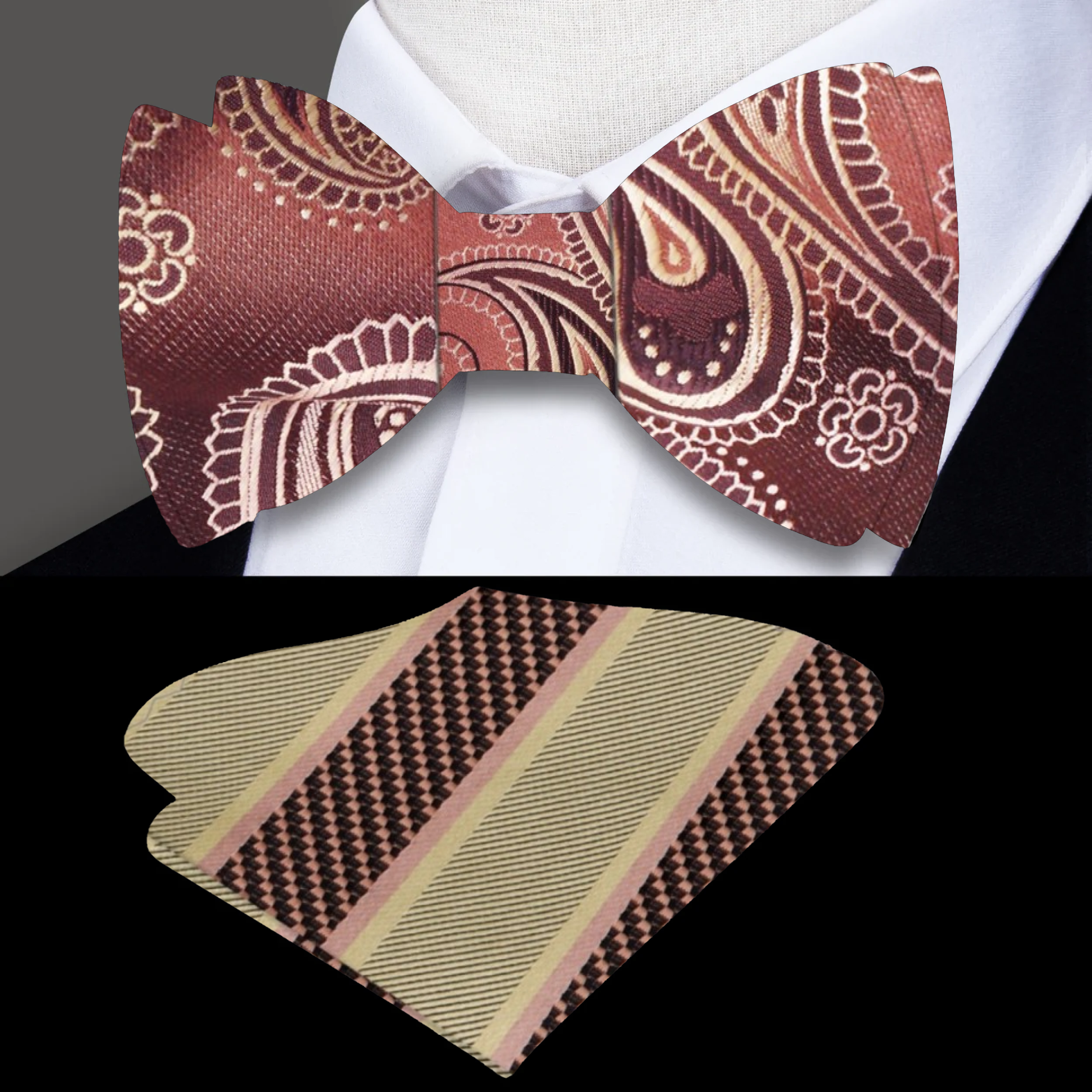 Man adjusting a luxury silk paisley bow tie for formal event