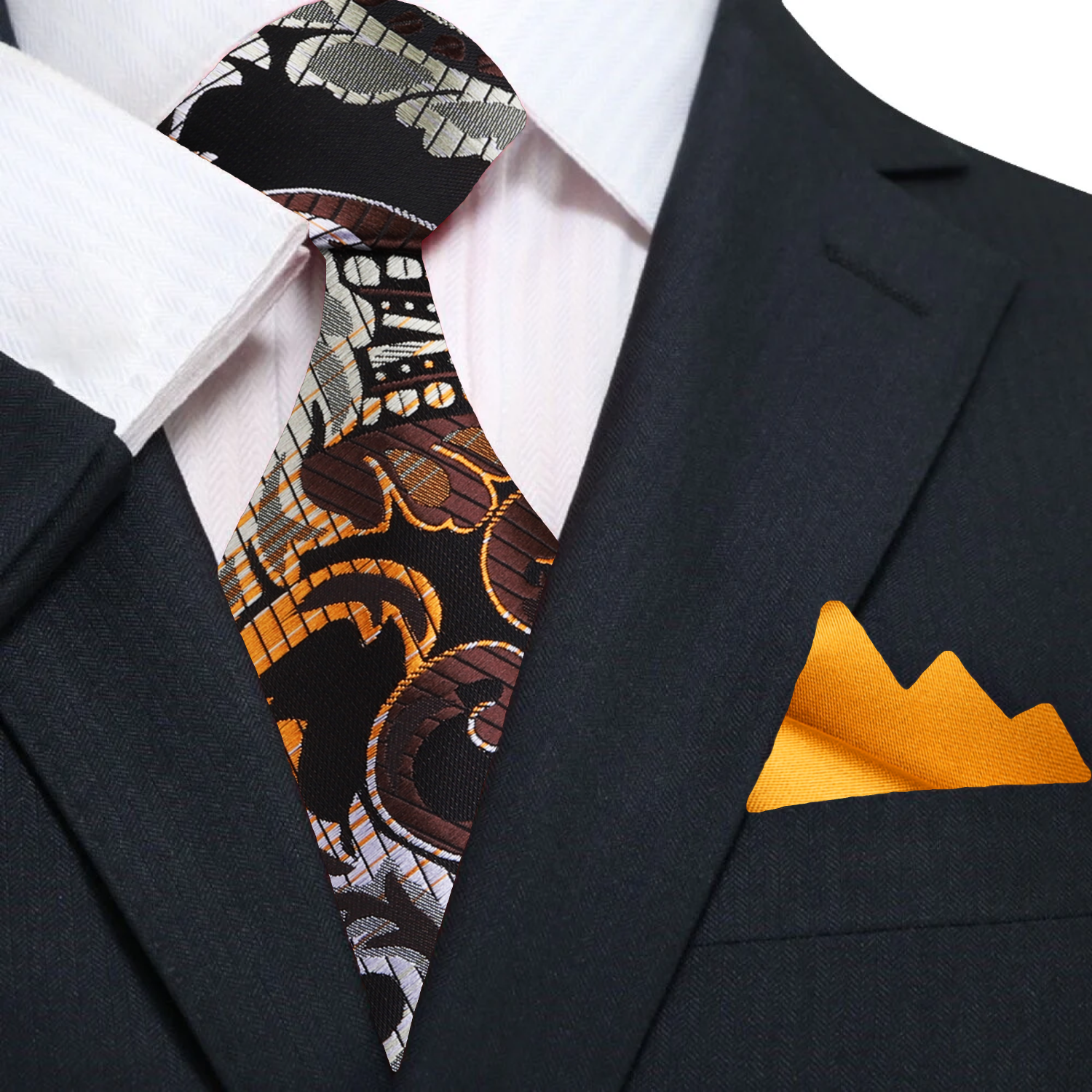 Close-up view of a deluxe paisley tie in brown and gold, highlighting its luxurious texture.