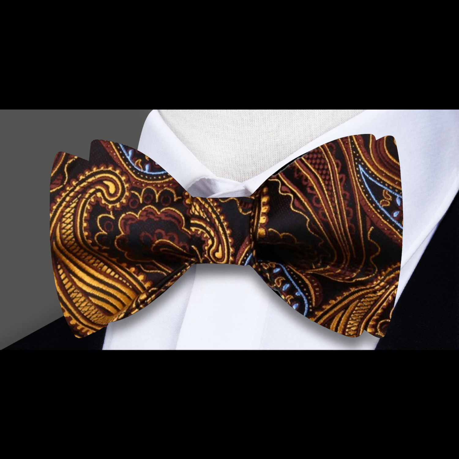 Model wearing the Light Yellow and Black Paisley Bow Tie at a wedding.