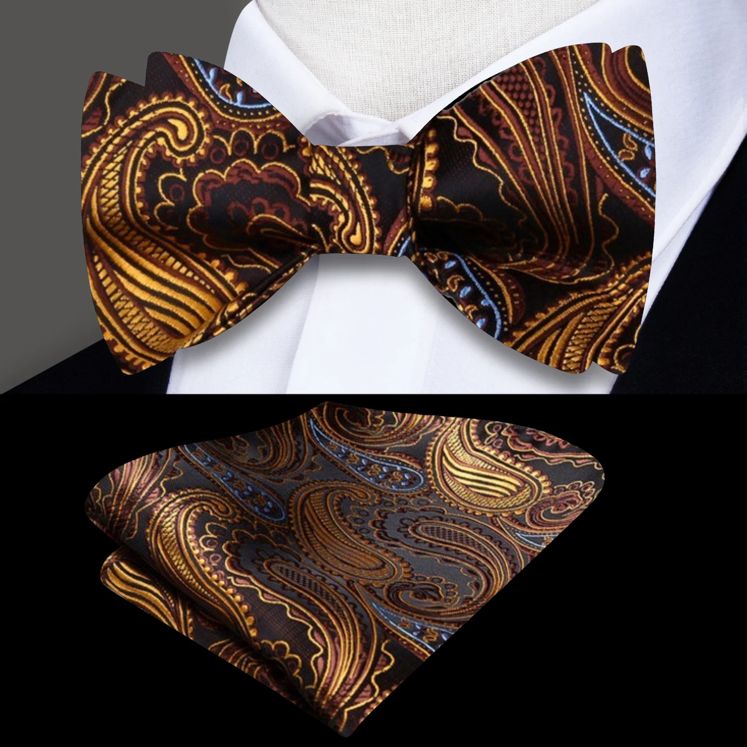Close-up of the paisley pattern on the Light Yellow and Black Silk Bow Tie.