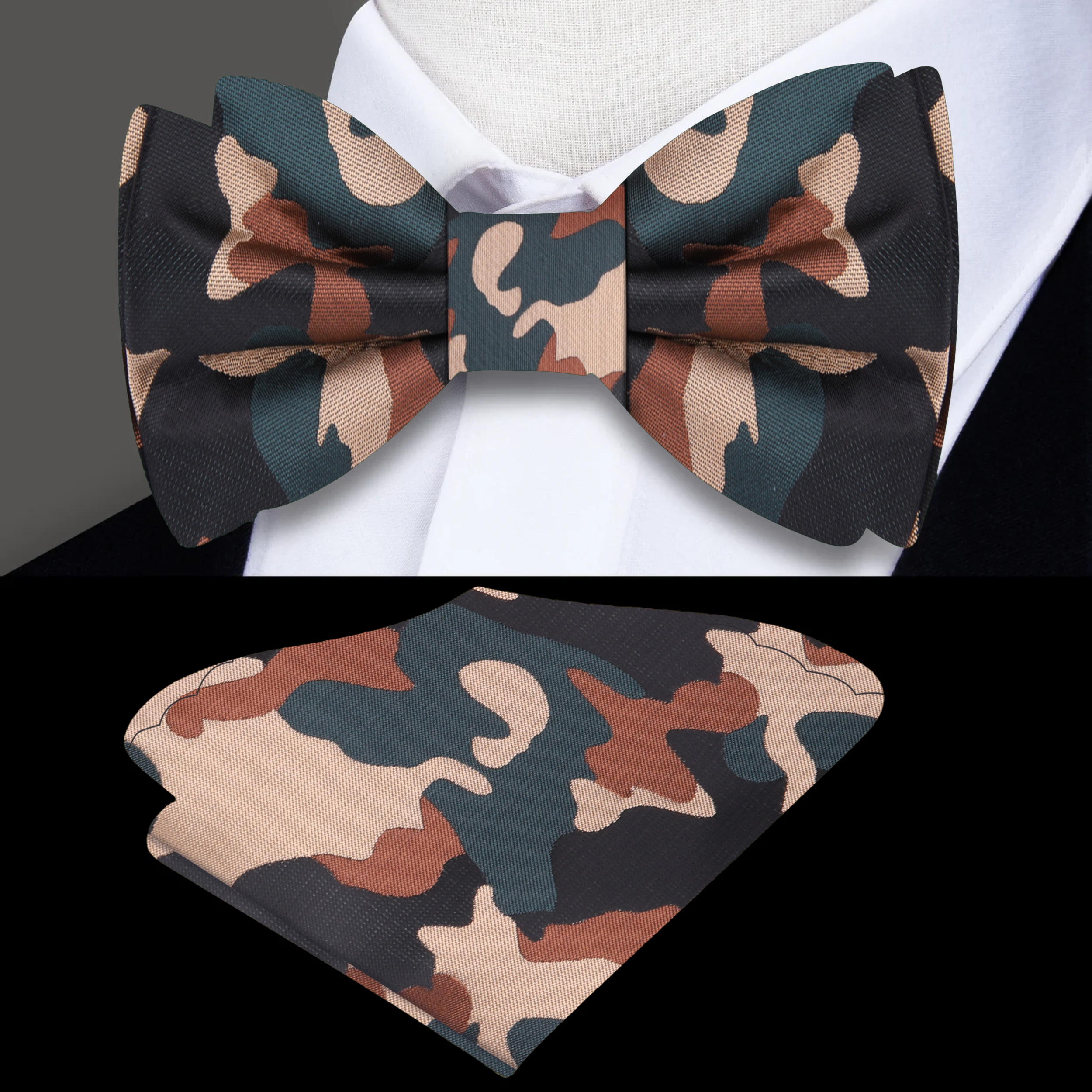 Close-up of camouflage bow tie in brown, green, and black for stylish men's accessories