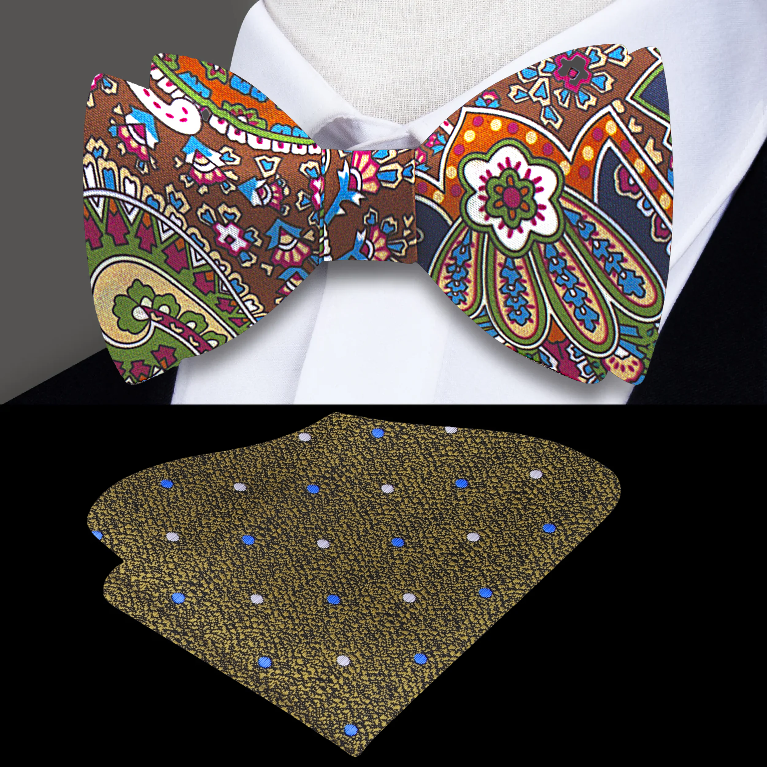Artistic silk bow tie showcasing a blend of brown, blue, green, and red colors, ideal for formal wear.