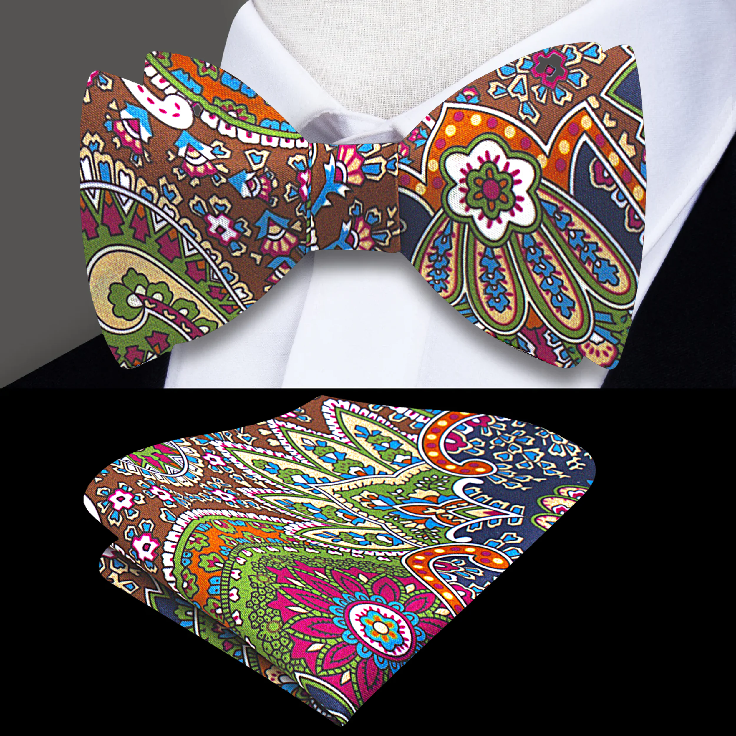 Close-up of the unique abstract design on the silk bow tie, highlighting its artistic flair.