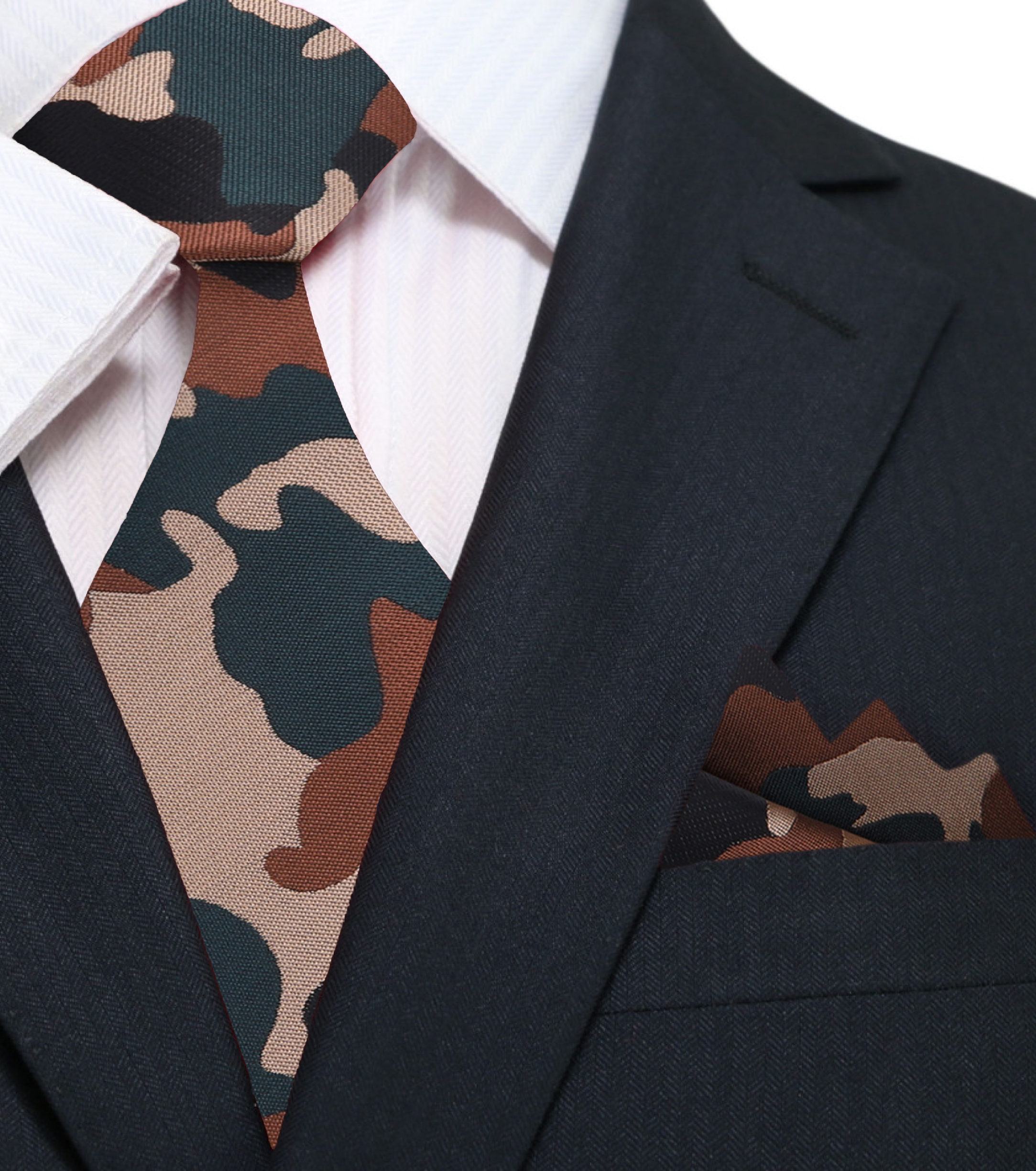 Fashionable camouflage tie paired with dress shirt and suit for a modern, rugged look