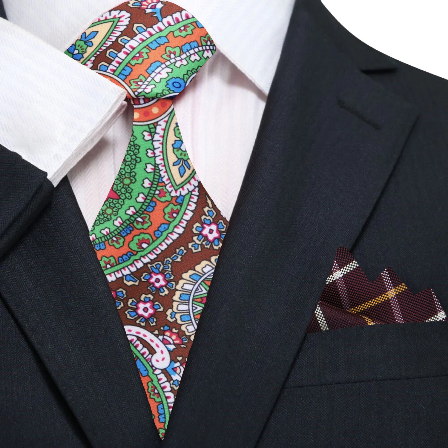 Mens silk tie with intricate paisley pattern styled with a suit