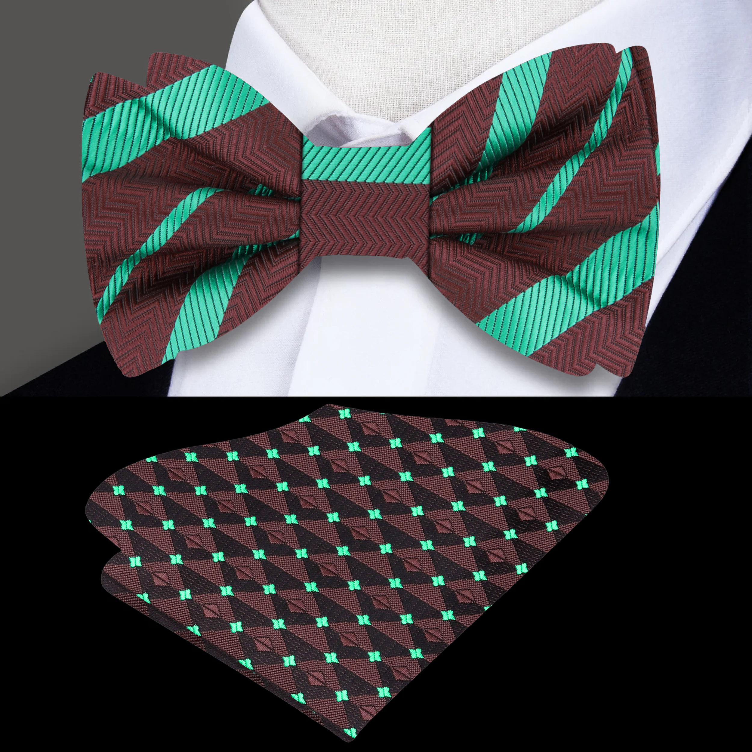 Close-up of green and brown silk bow tie showcasing its luxurious fabric and stripe pattern