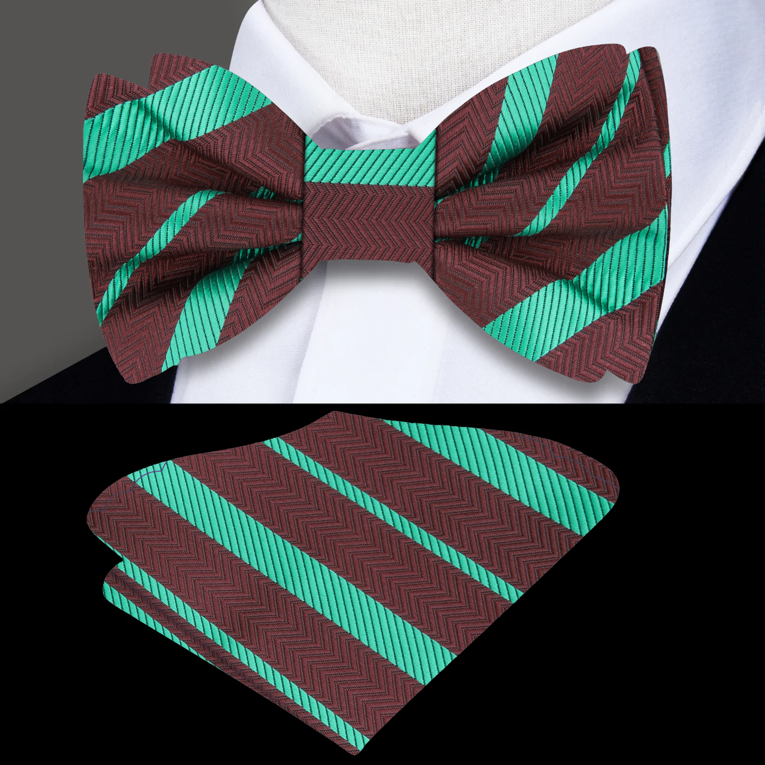 Elegant green and brown silk bow tie paired with a crisp white shirt for a wedding