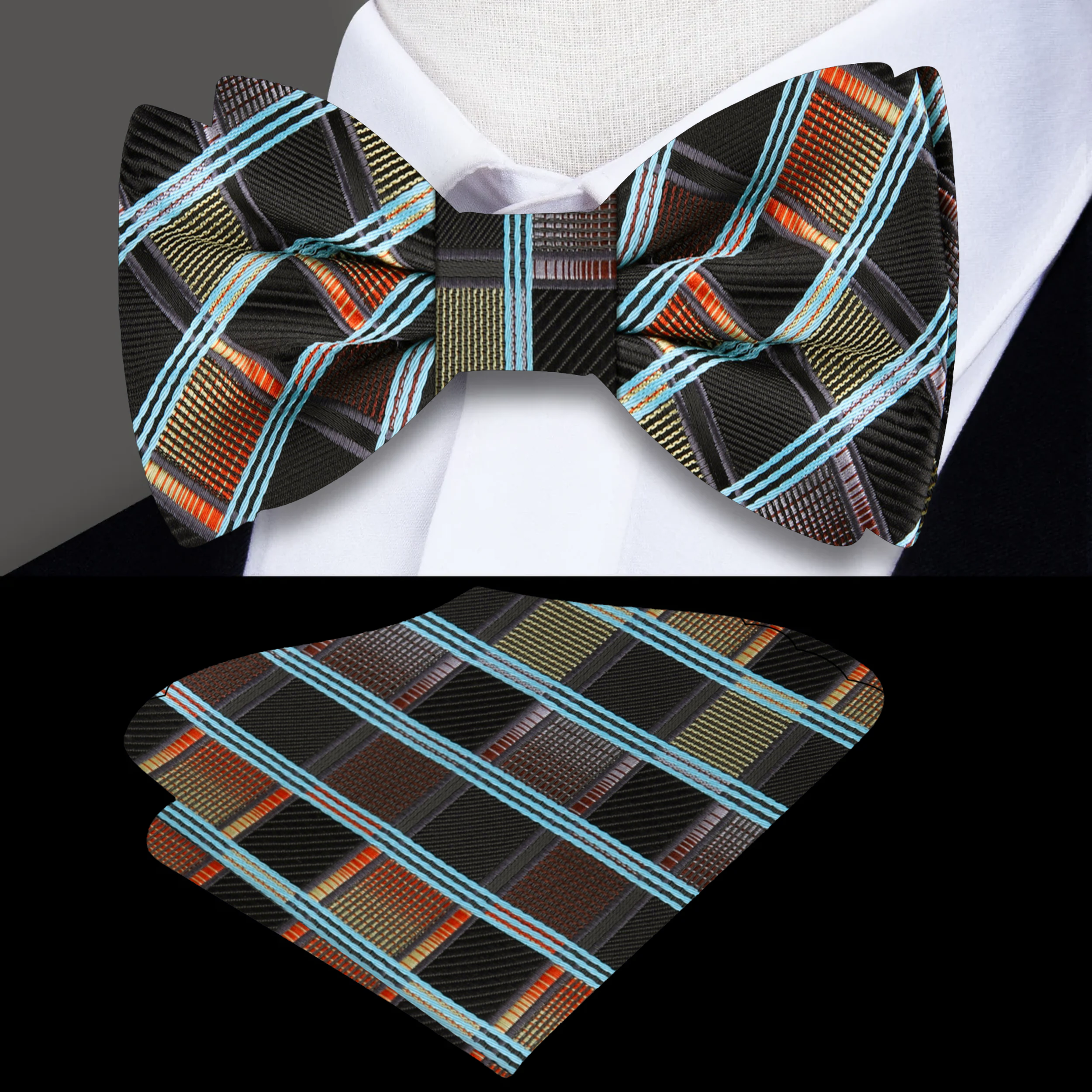 Front view of the Paramount plaid bow tie in grey and orange, perfect for formal wear